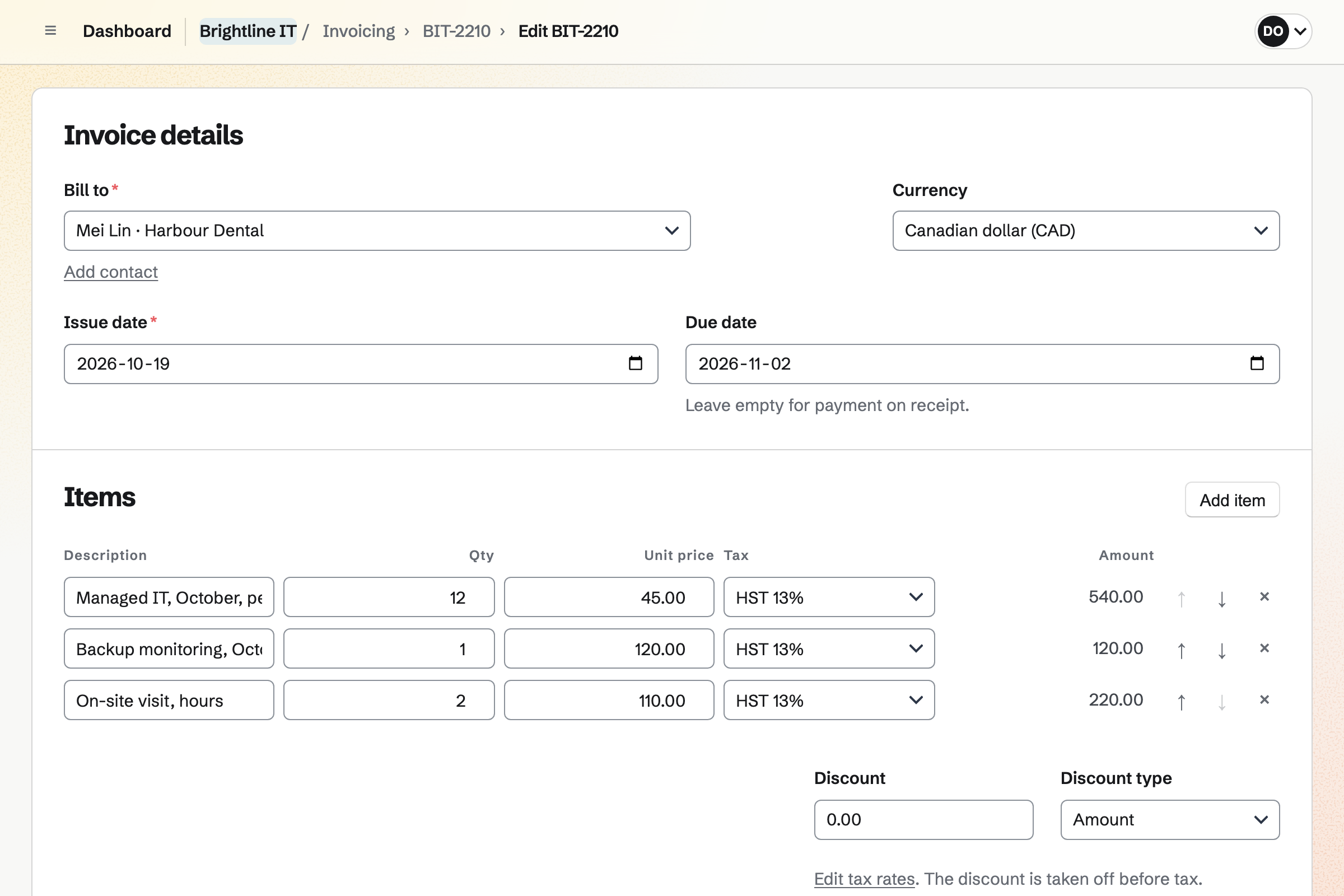 Brightline IT’s invoice to Harbour Dental in the editor: managed IT for twelve devices, backup monitoring and a two-hour on-site visit, each with HST.