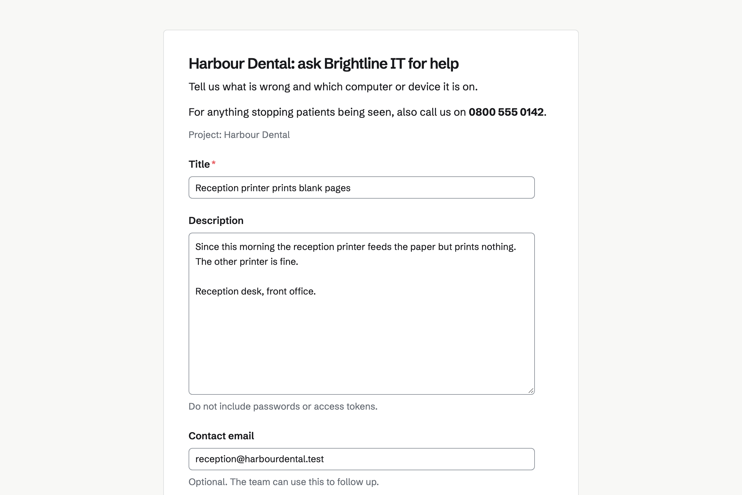 Brightline IT’s support form for Harbour Dental, with its instructions and a filled-in request about the reception printer, sent to the Harbour Dental project.