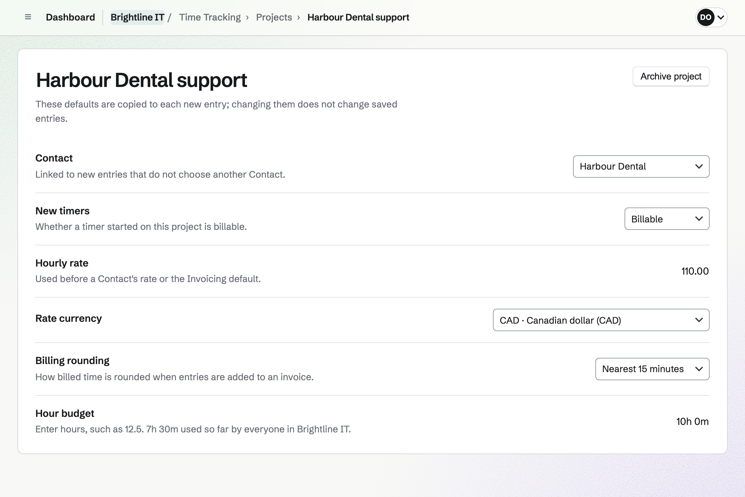 Brightline IT’s Harbour Dental support project in Time Tracking: linked to the client’s contact, billable at 110 an hour, rounded to the nearest 15 minutes, with a budget of 10 hours.