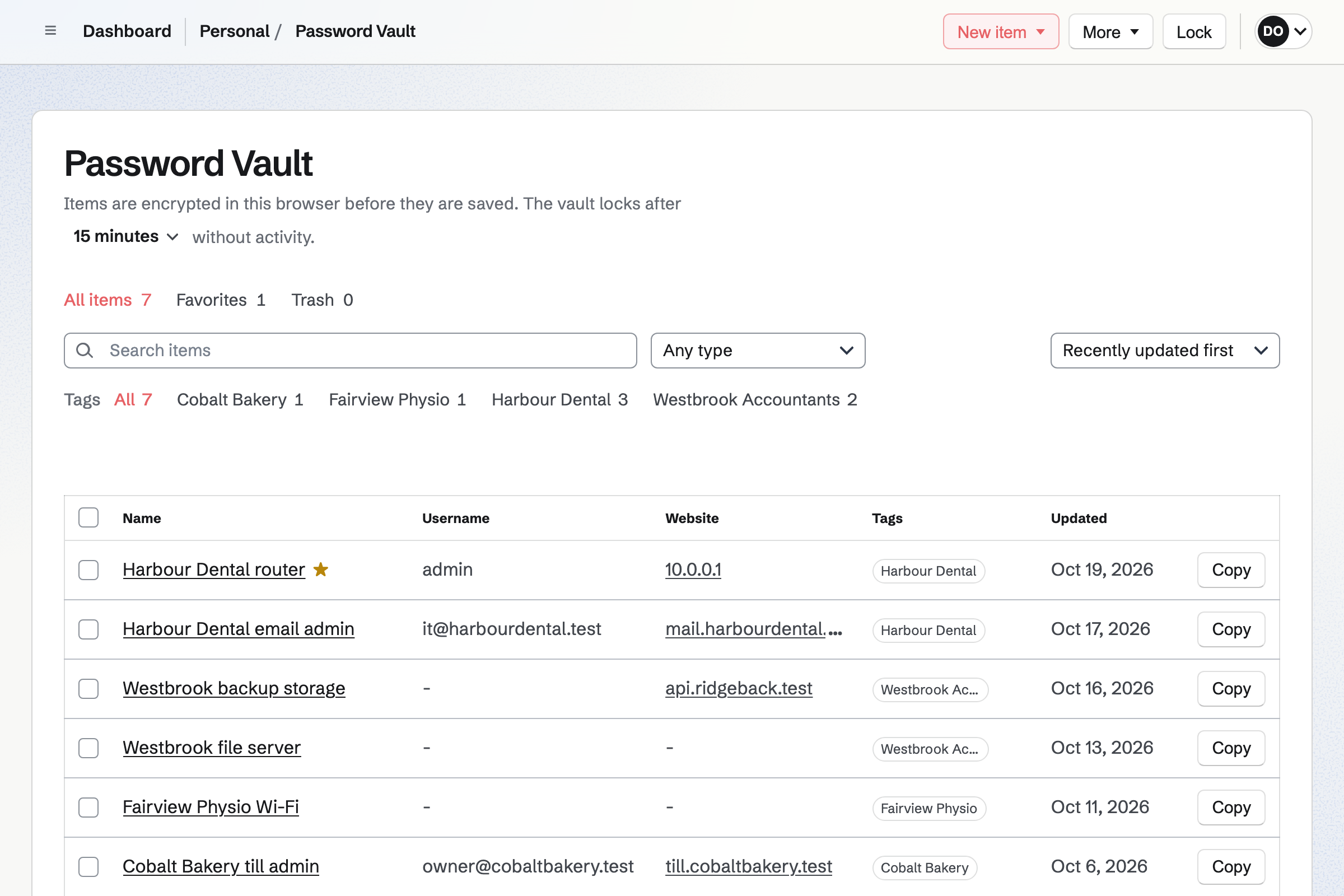 Dana Okoye’s Password Vault with client logins: the router and email admin for Harbour Dental, Westbrook Accountants’ backup storage and server key, and Fairview Physio’s Wi-Fi, each tagged with its client.