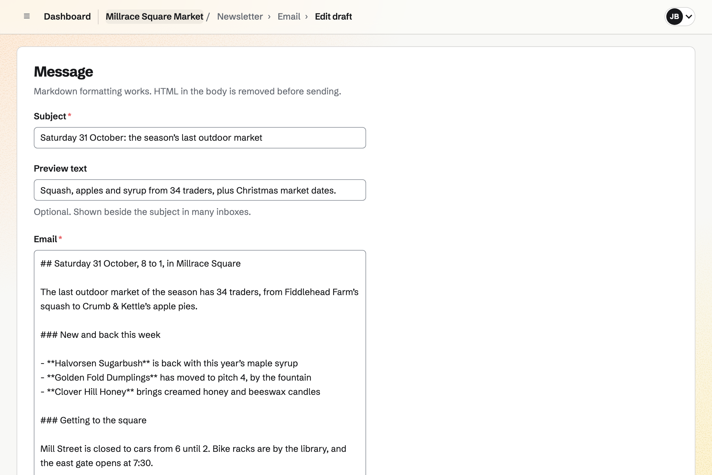 Millrace Square Market’s weekly email in the Newsletter editor: the subject and preview text for the season’s last outdoor market, then the email in Markdown with who is new and back this week and how to get to the square.