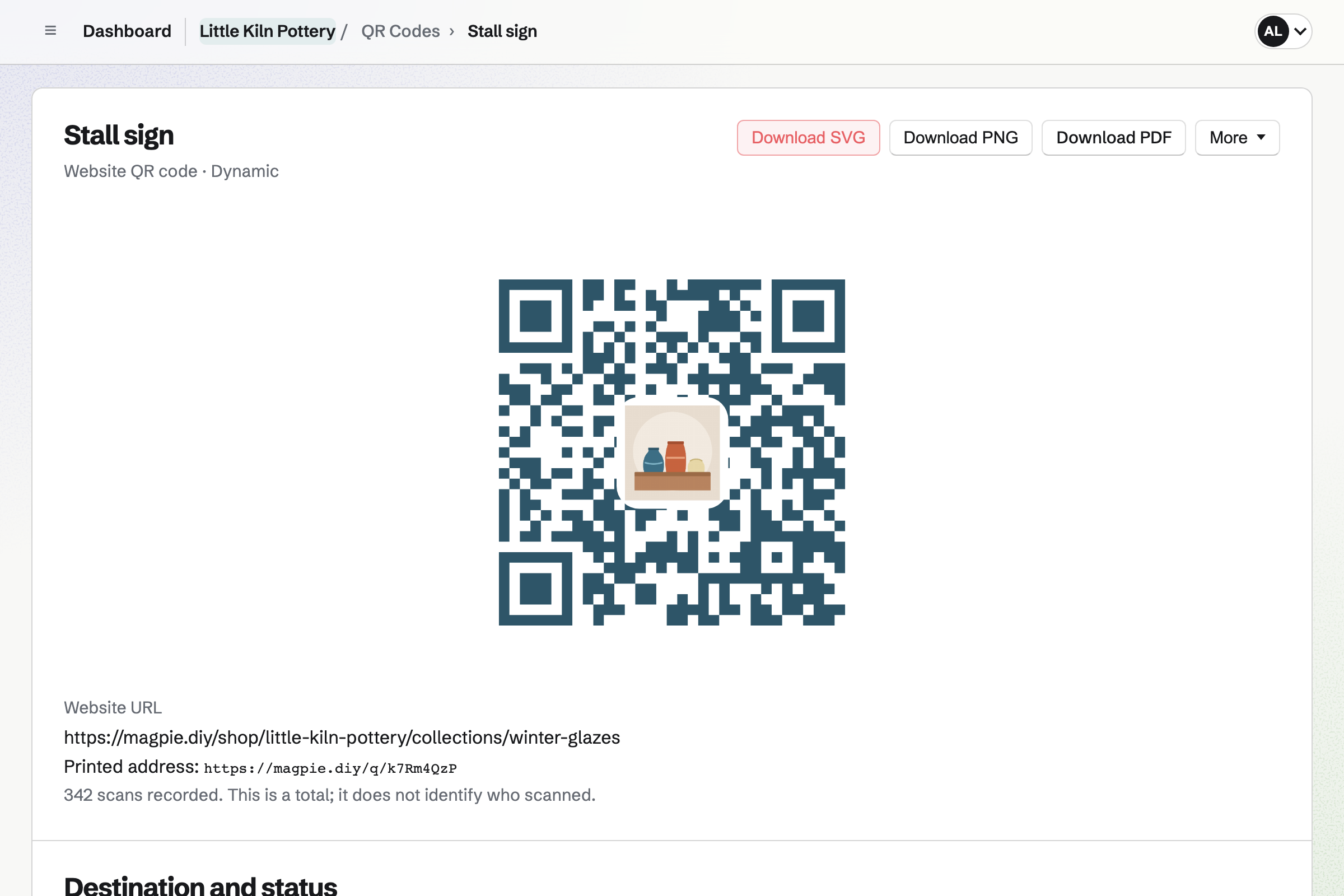 Little Kiln Pottery’s dynamic QR code for the stall sign, in the pottery’s blue with its picture in the middle, the Store collection its scans open now, its printed Magpie address and 342 scans.