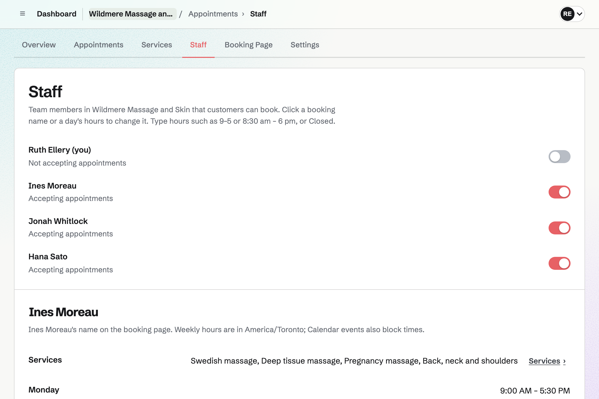 Wildmere Massage and Skin’s Staff page in Appointments: Ines Moreau, Jonah Whitlock and Hana Sato accepting appointments and Ruth Ellery not, then Ines Moreau’s booking name, the treatments she gives and her hours by day.
