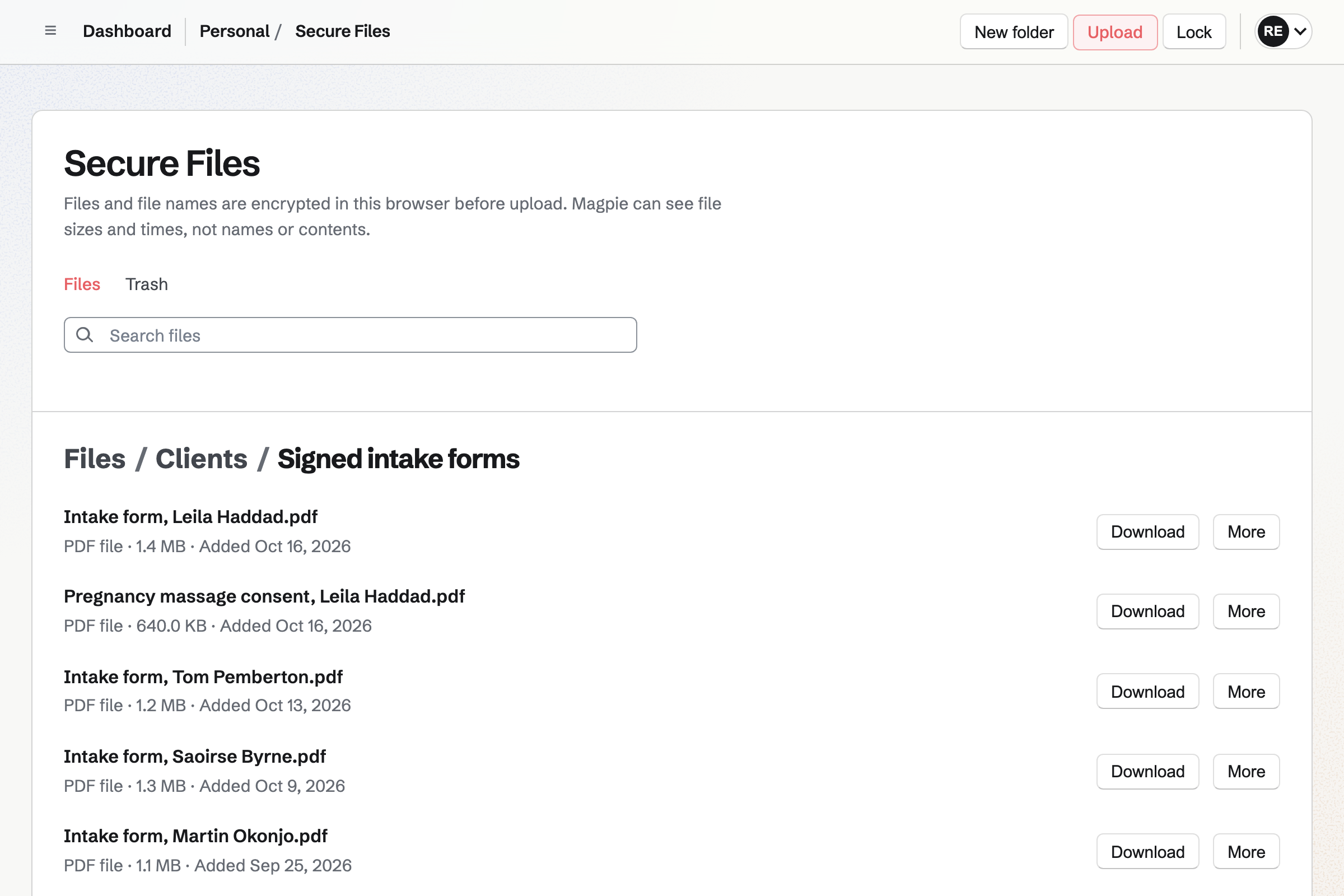 Ruth Ellery’s Secure Files, unlocked, in the Clients / Signed intake forms folder: scanned intake forms and a pregnancy massage consent form as PDFs, each with its size, the date it was added and a Download button.