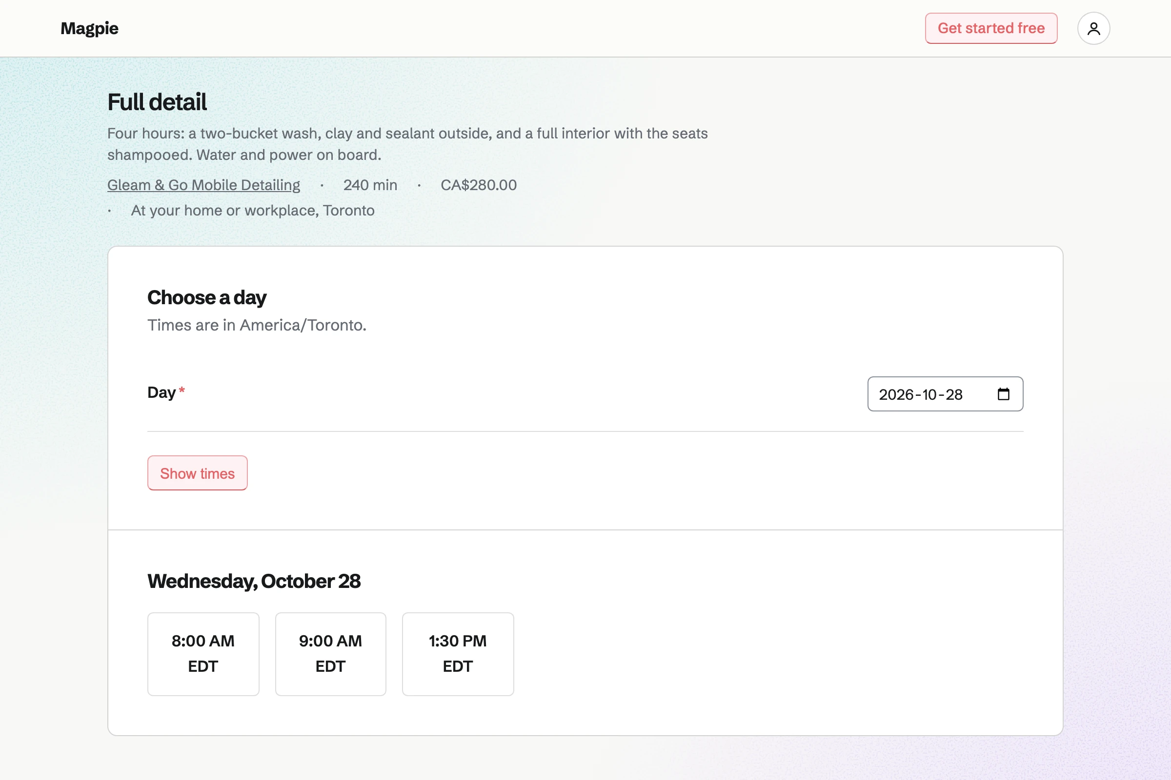 Gleam & Go’s public booking page for a full detail: four hours at the customer’s address, its price, and the free times to book it.