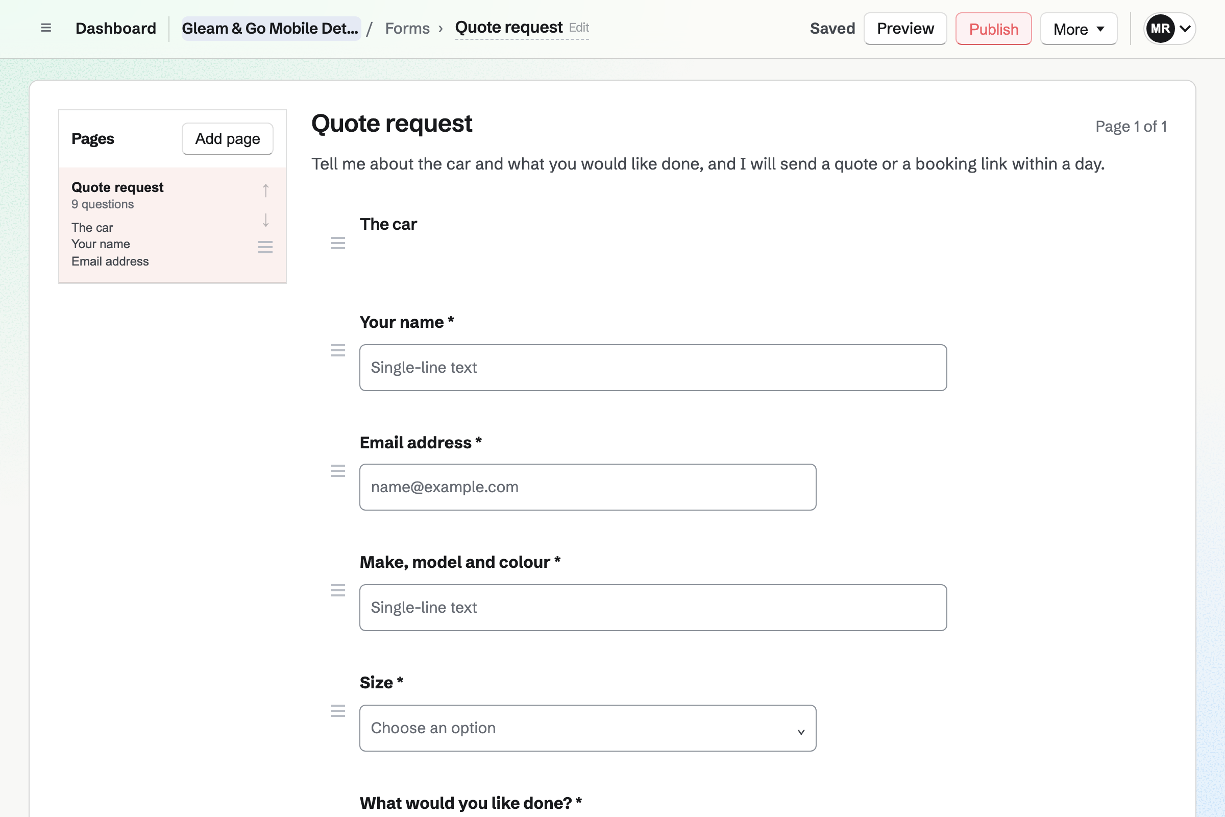 Gleam & Go’s quote request form in the builder: the car’s make and size, what the customer wants done, where it is parked, whether water and power are within reach, and when.
