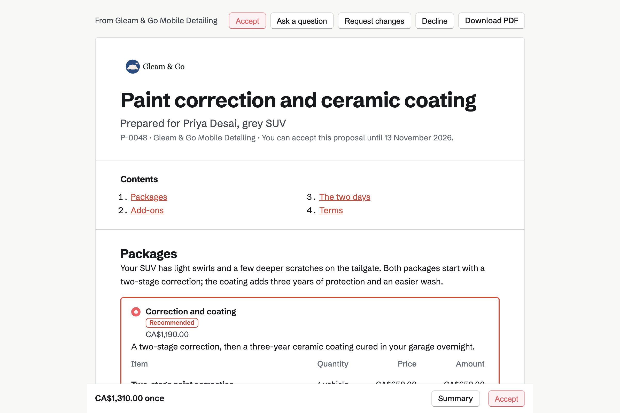 Priya Desai’s proposal page from Gleam & Go: the cover, the correction and coating packages to choose from, the wheels and glass as add-ons, and the total in a bar at the foot of the screen.