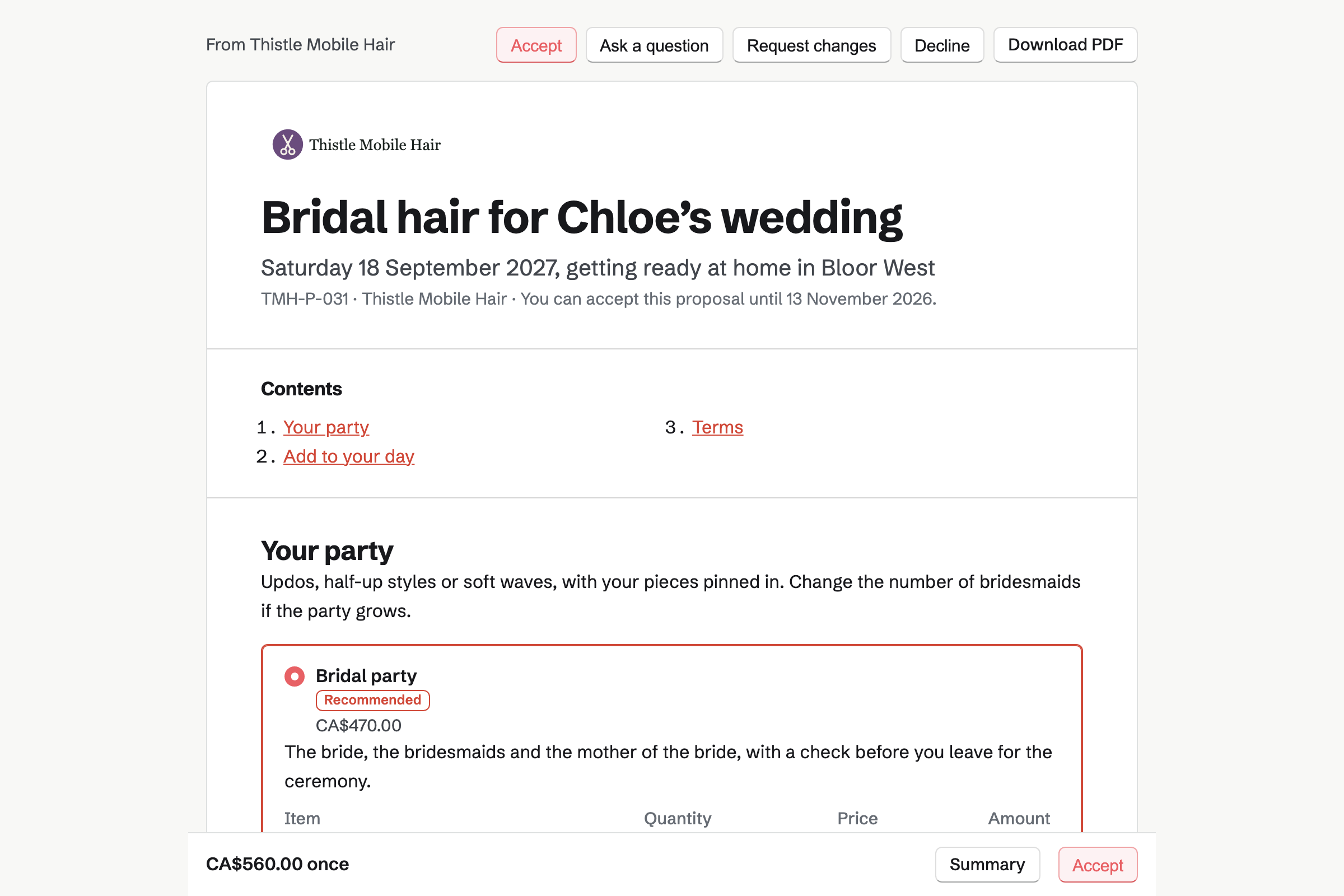 A bridal hair proposal from Thistle Mobile Hair for Chloe Bennett, with the cover, the list of contents, the bridal party package chosen and the total in a bar at the foot of the screen.