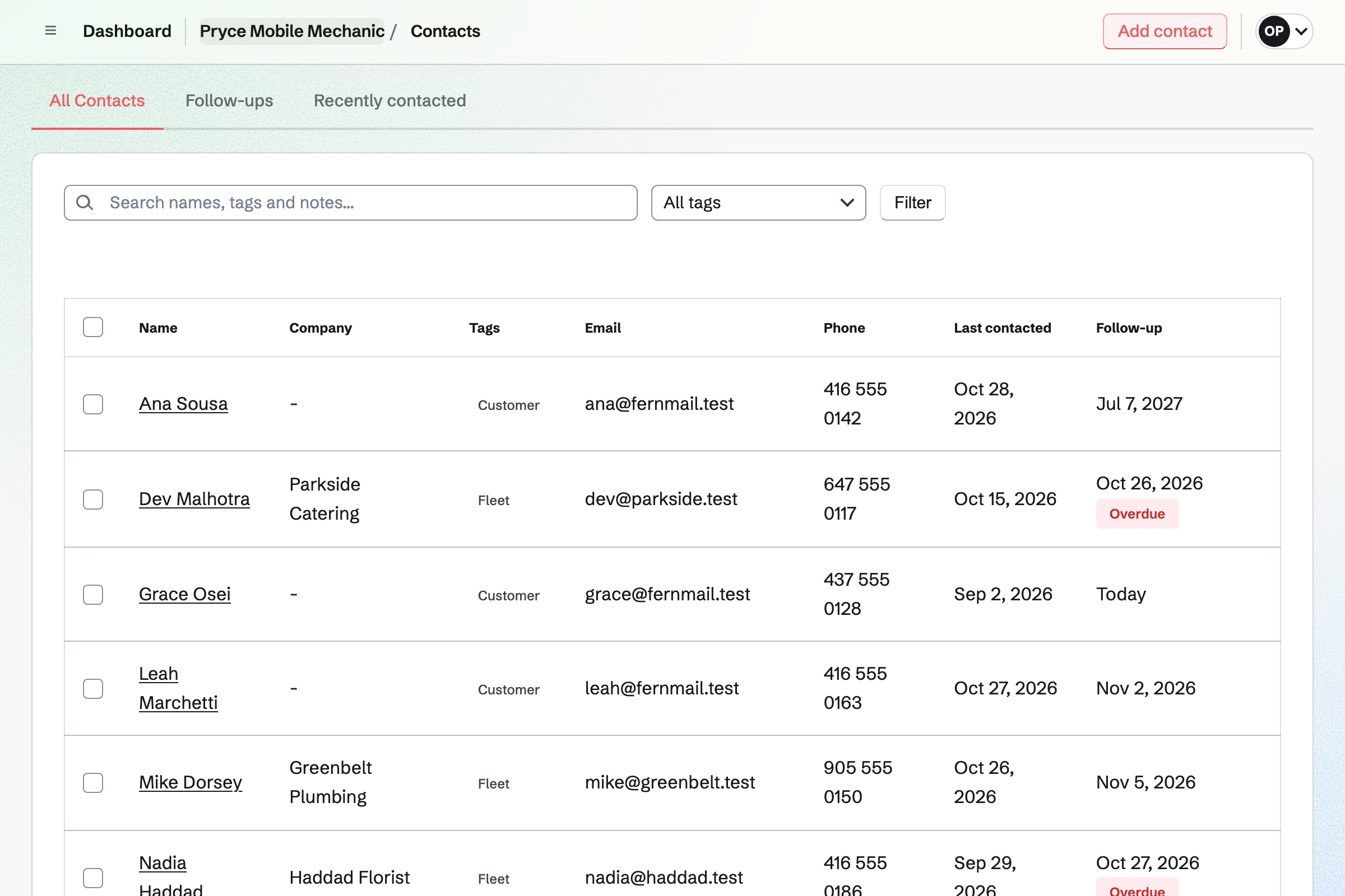 Pryce Mobile Mechanic’s customers: people, fleets tagged Fleet with their company, and a supplier, each with their email, phone, when they were last contacted and their next follow-up date, two of them overdue.