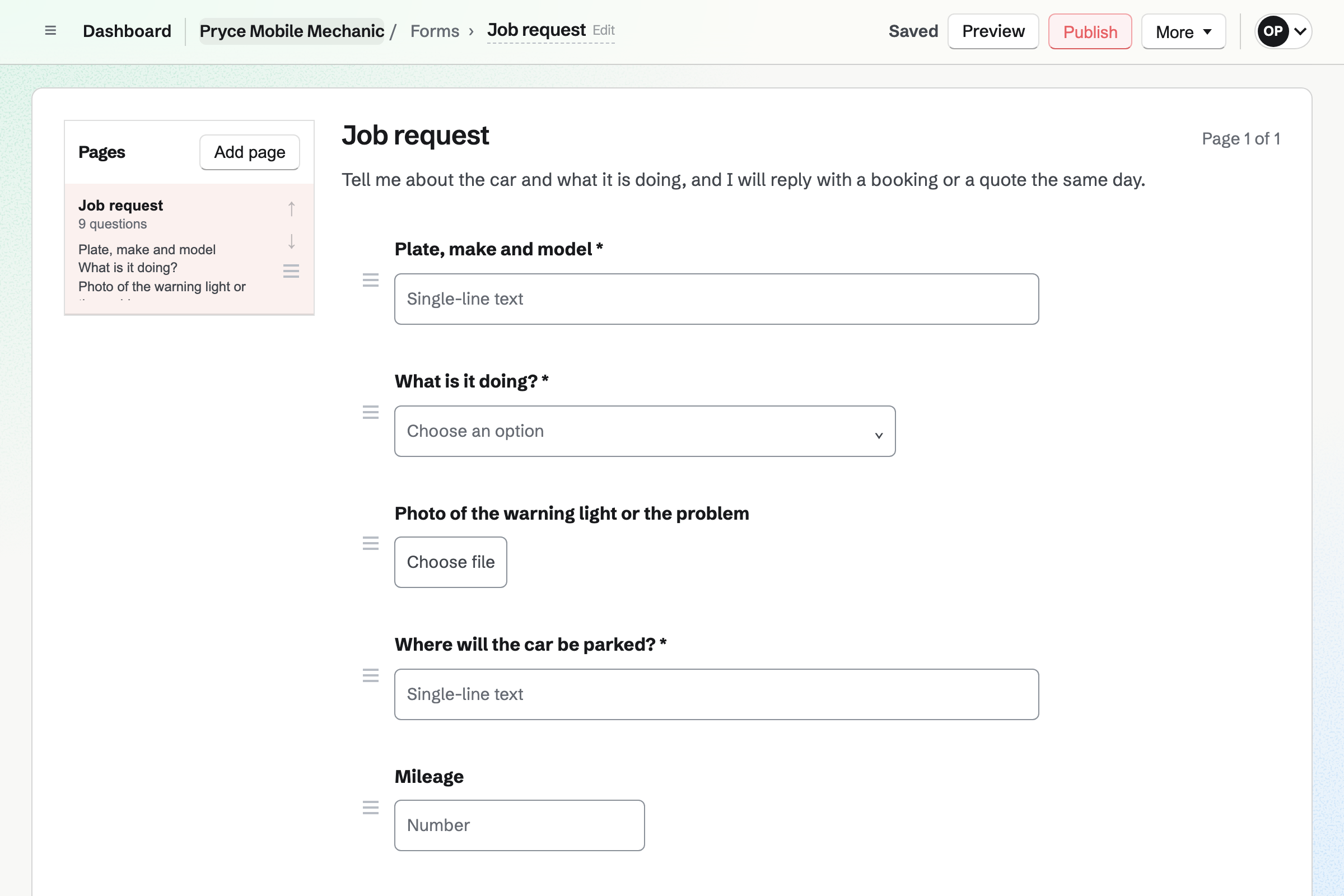 Pryce Mobile Mechanic’s job request form in the builder: the plate, make and model, what the car is doing, a photo of the warning light, where the car will be parked and the mileage.