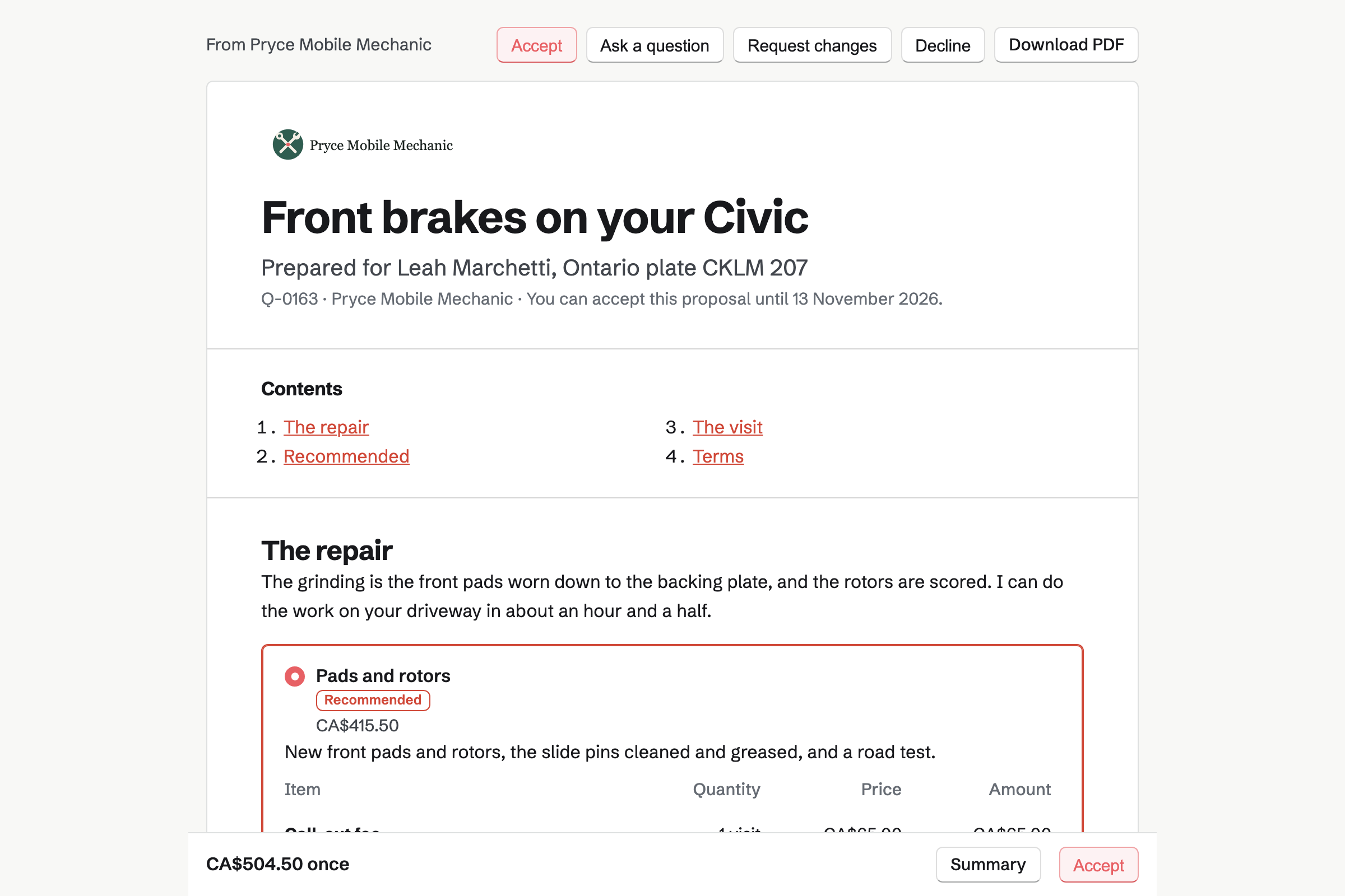 Leah Marchetti’s quote from Pryce Mobile Mechanic for the front brakes on her Honda Civic: the call-out fee, pads and rotors or pads only as packages, a brake fluid change as an add-on, and the total in a bar at the foot of the screen.
