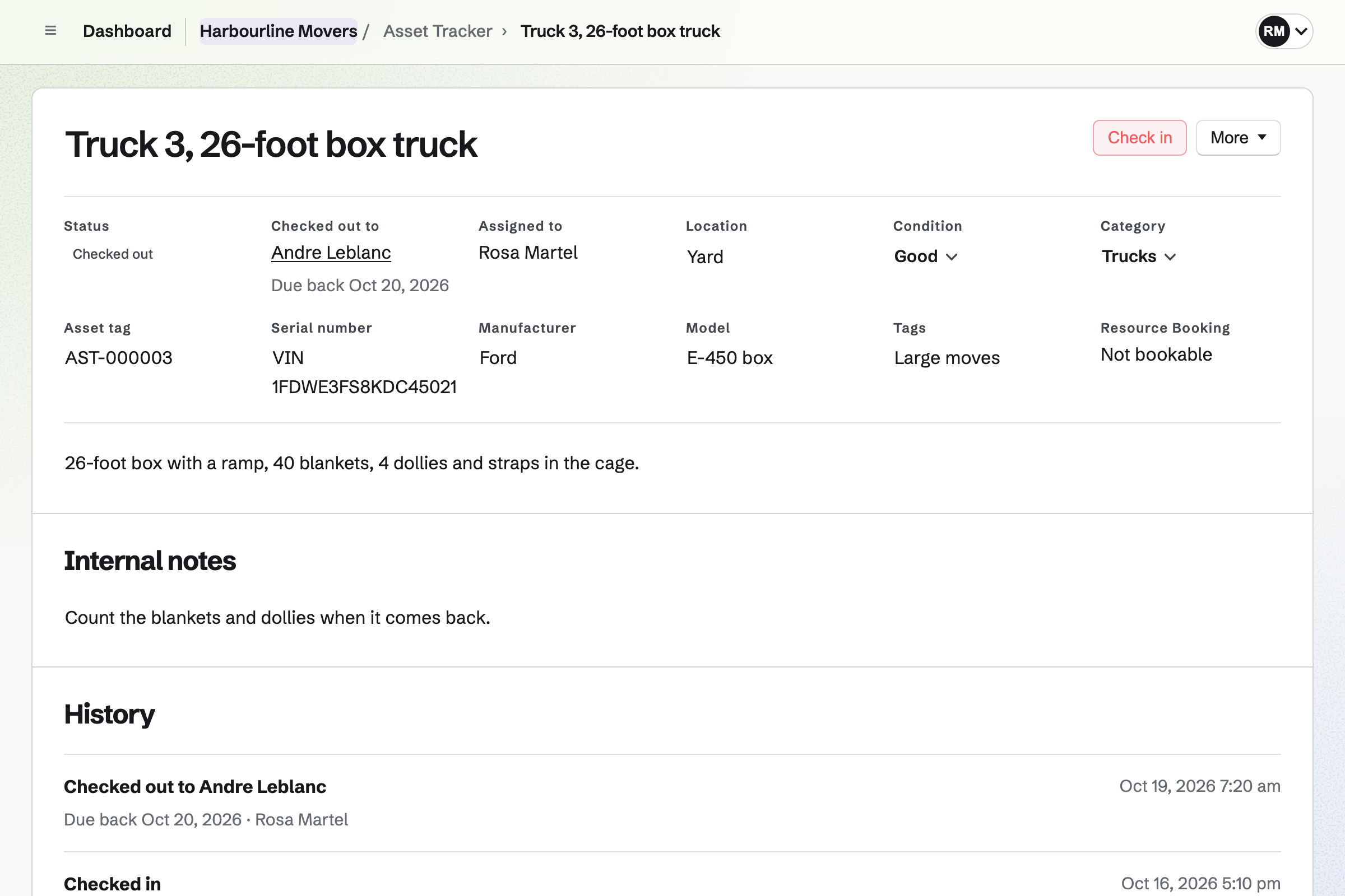 Harbourline Movers’ large truck in Asset Tracker: checked out to Andre Leblanc and due back tomorrow, with its details and history of checkouts.