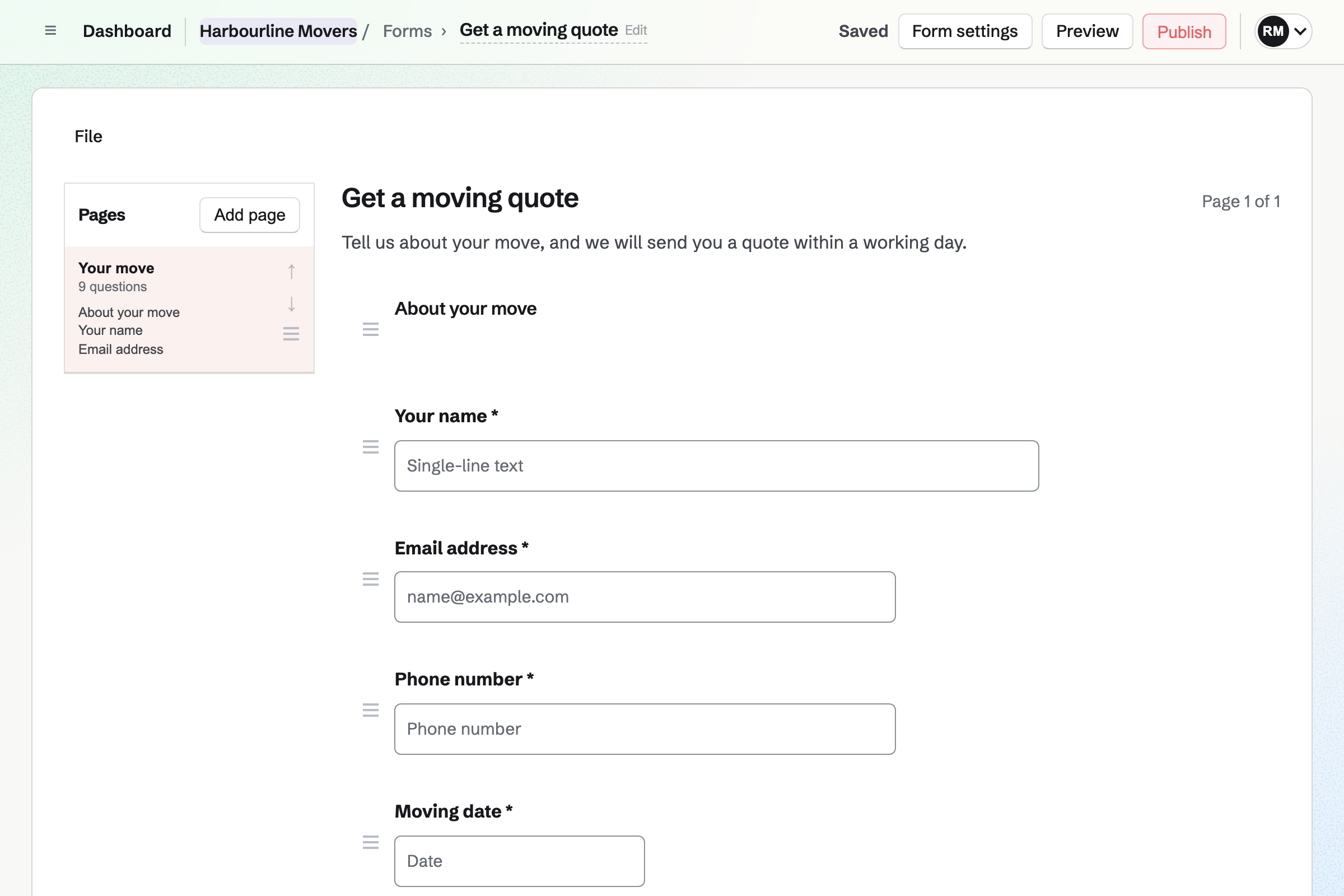 Harbourline Movers’ quote request Form in the editor: the customer’s name, email and phone, then the moving date.