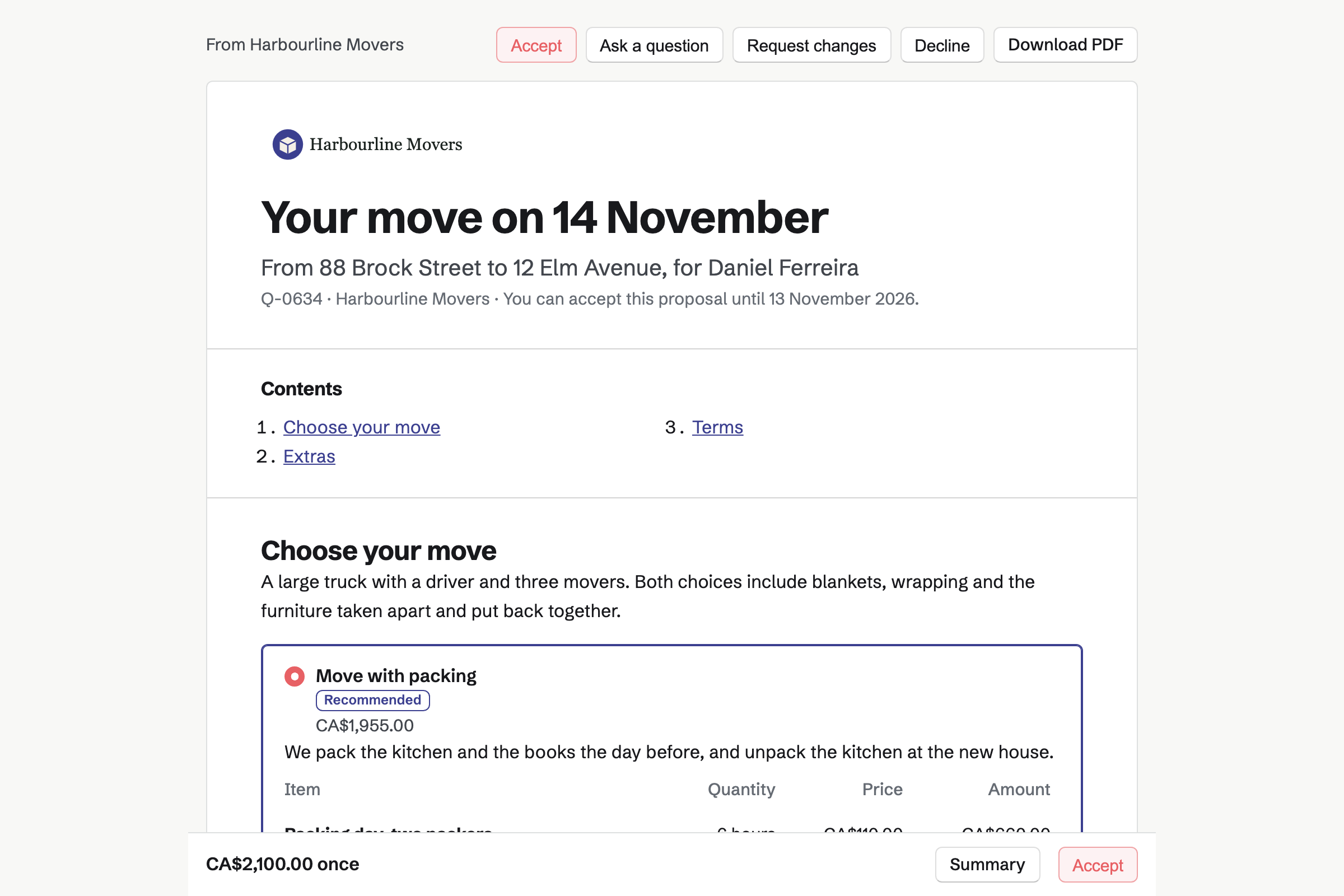 A moving quote from Harbourline Movers for Daniel Ferreira, with the cover, the list of contents, the recommended move with packing chosen and the total in a bar at the foot of the screen.
