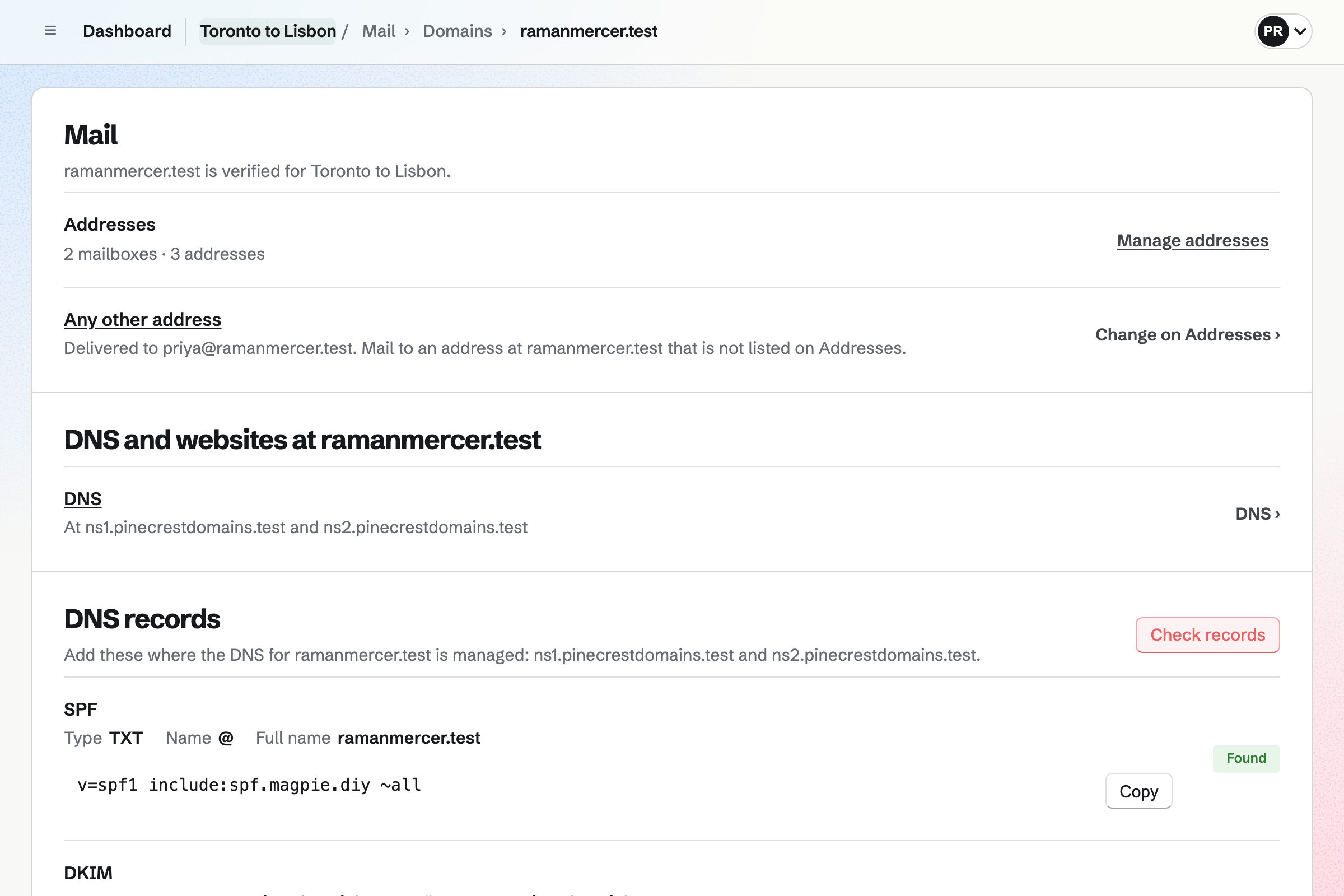 The family’s domain, ramanmercer.test, verified in Mail with 2 mailboxes and 3 addresses and mail to any other address delivered to priya@ramanmercer.test, with its DNS at its current provider.