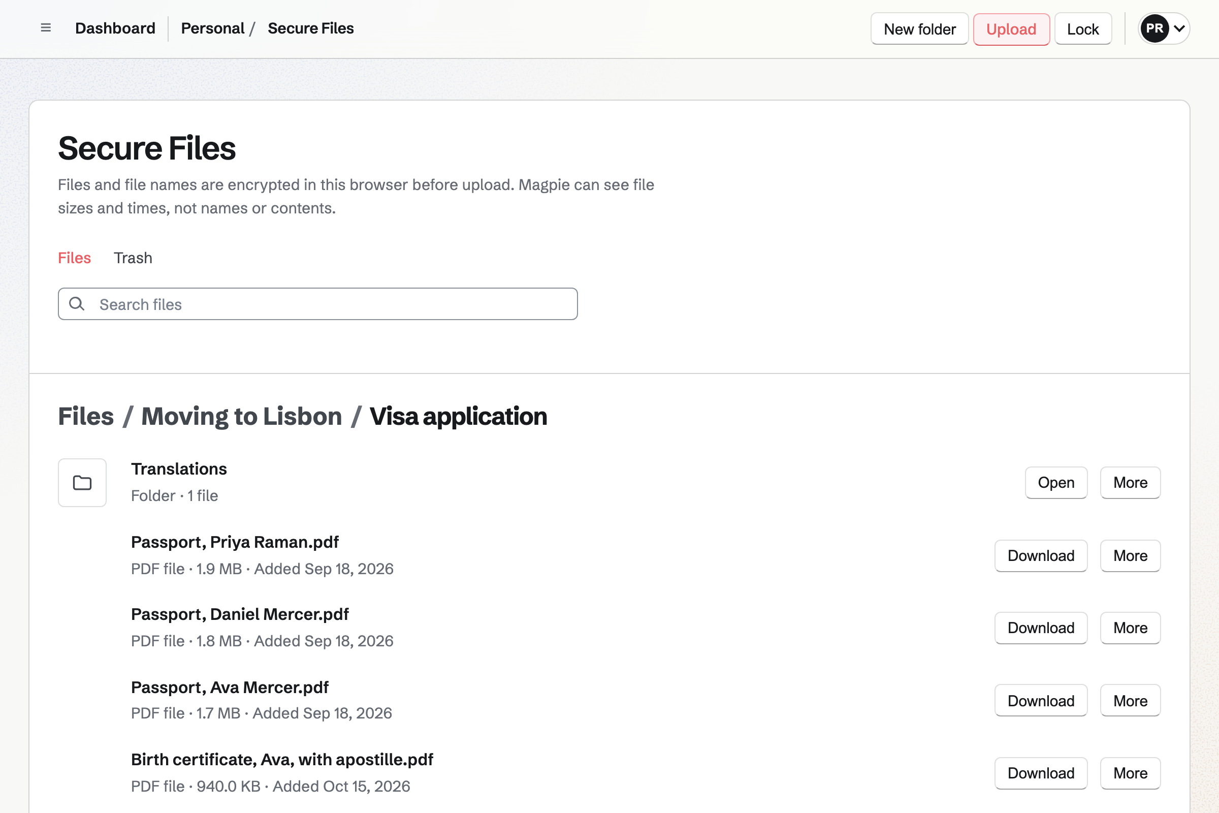 Priya Raman’s Secure Files open on the Visa application folder: a Translations folder, then scans of the three passports and of Ava’s birth certificate with its apostille, each with its size and the date it was added.
