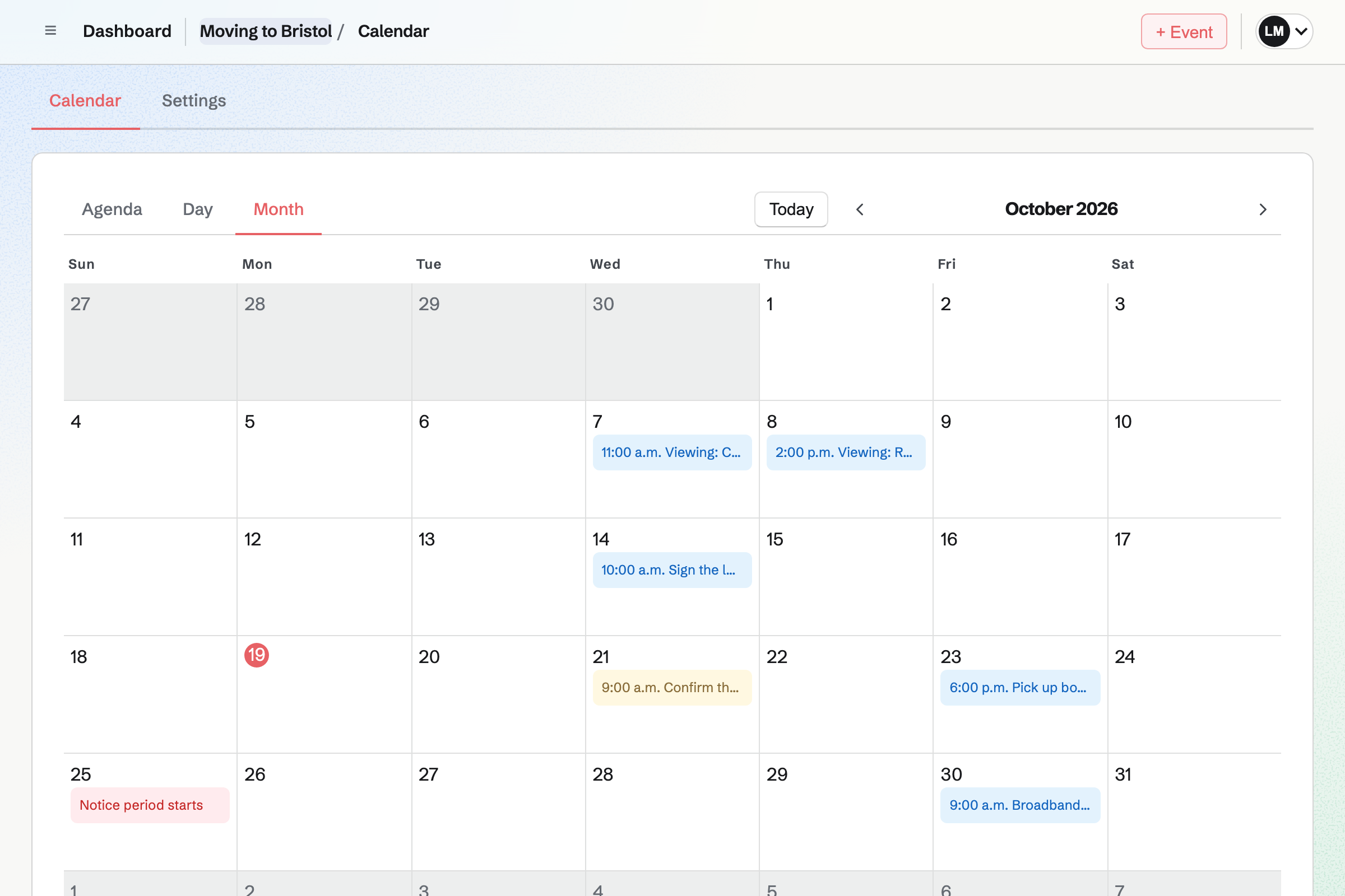The Moving to Bristol Calendar for October: viewings, signing the lease, the notice period, the broadband install and To-dos such as confirming the van.