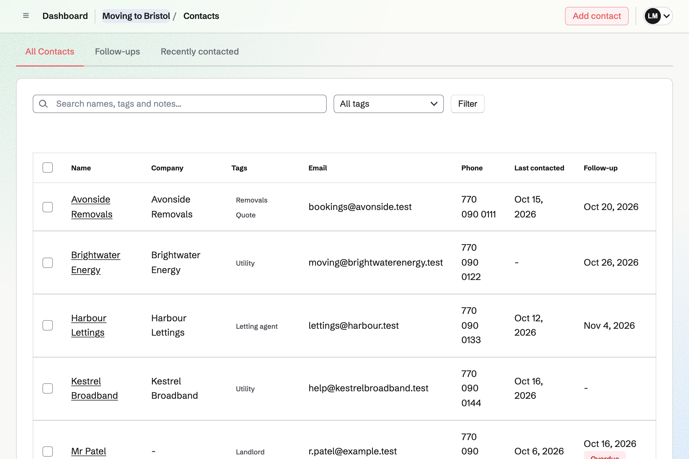 The people and companies for the move in Contacts, each with tags, contact details, when they were last in touch and the next follow-up.