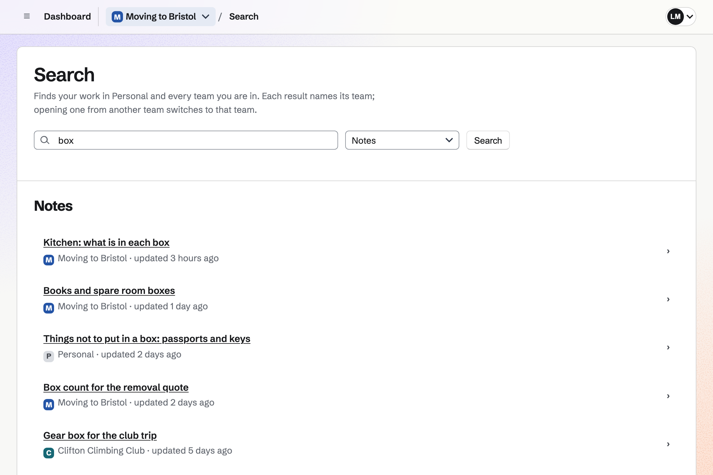 Search results for “box” in Notes: the move’s notes listing what went in each box and the meter readings, and Leah’s own notes, each with where it is and when it last changed.