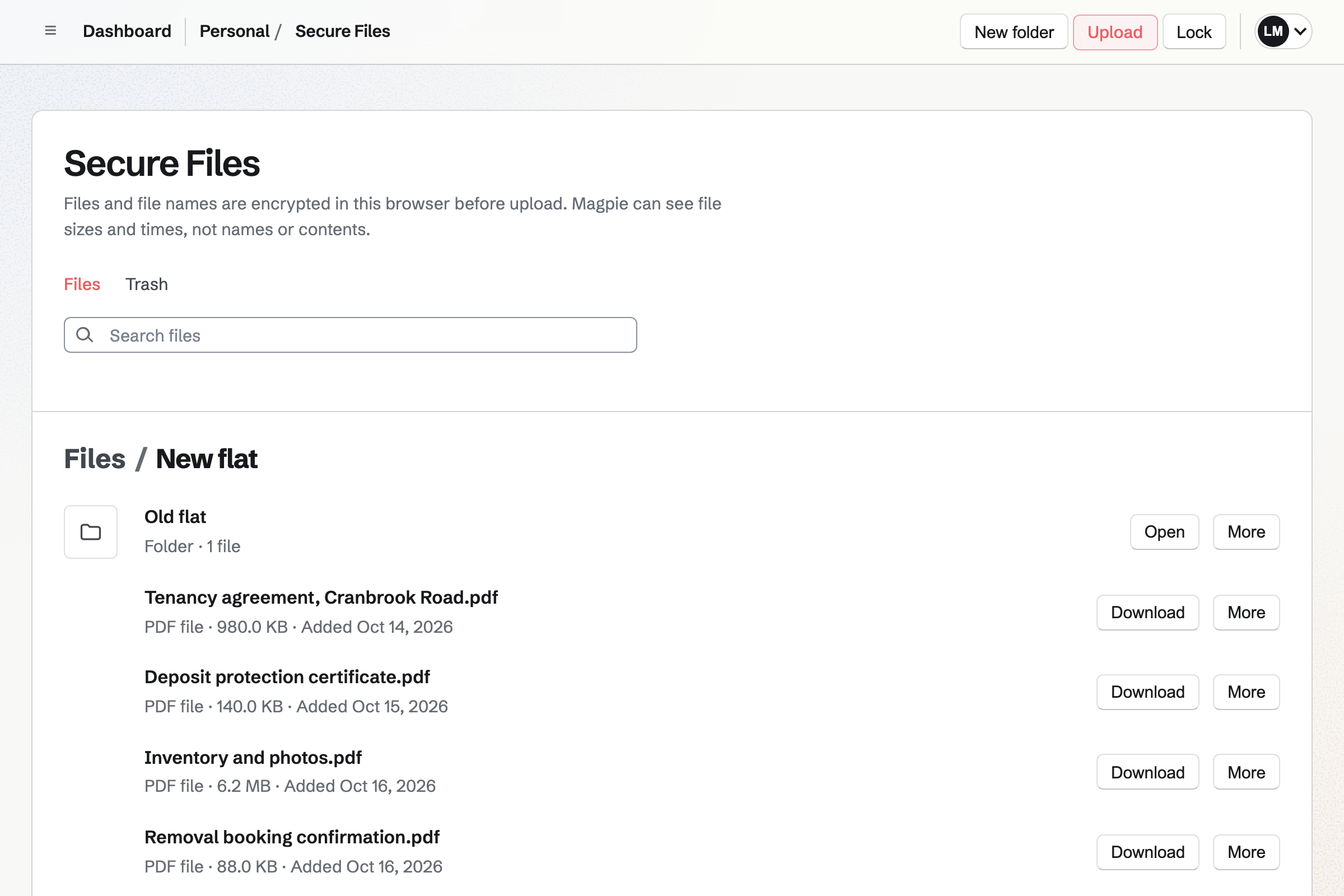 Leah’s Secure Files open on the New flat folder: the lease, the deposit certificate, the inventory and the removal booking, each with its size and date.