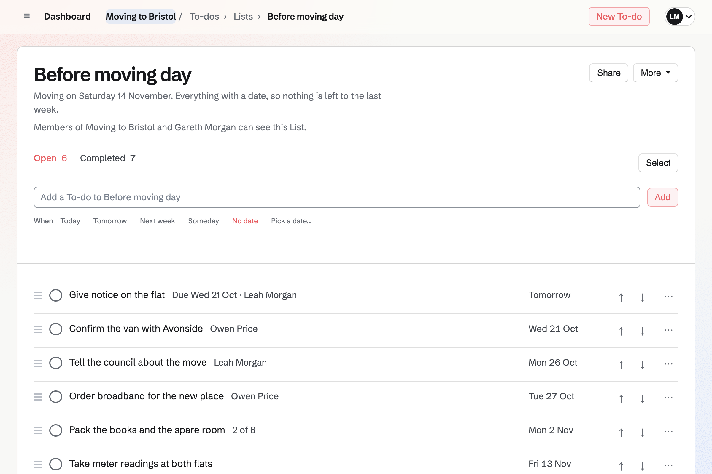 The Moving to Bristol checklist, shared with Leah’s father: each job with its day and who is doing it, under the line that says who can see the List.
