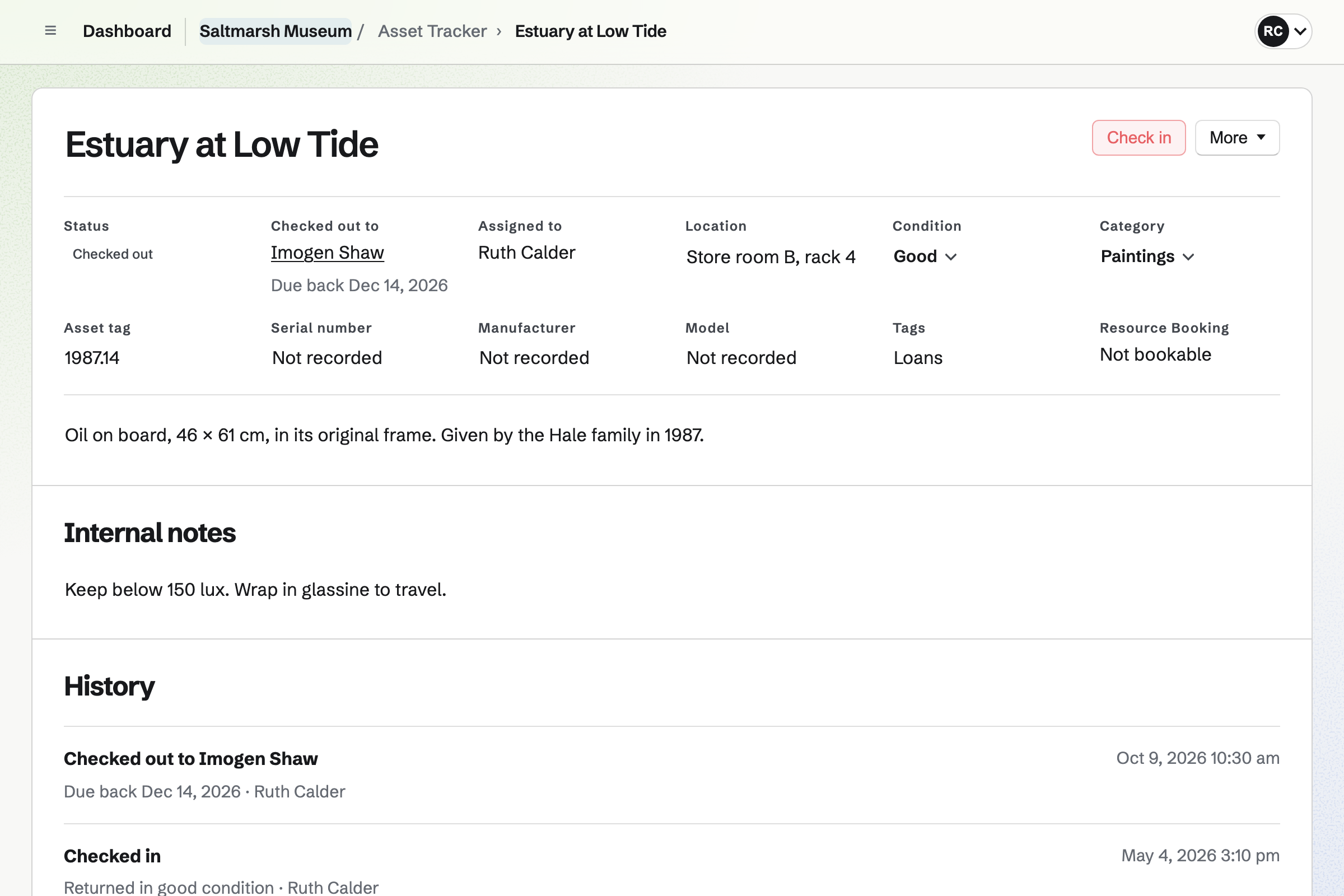 A painting’s record in Asset Tracker: checked out to another gallery on loan and due back in 40 days, with its number, condition, category, location and description.
