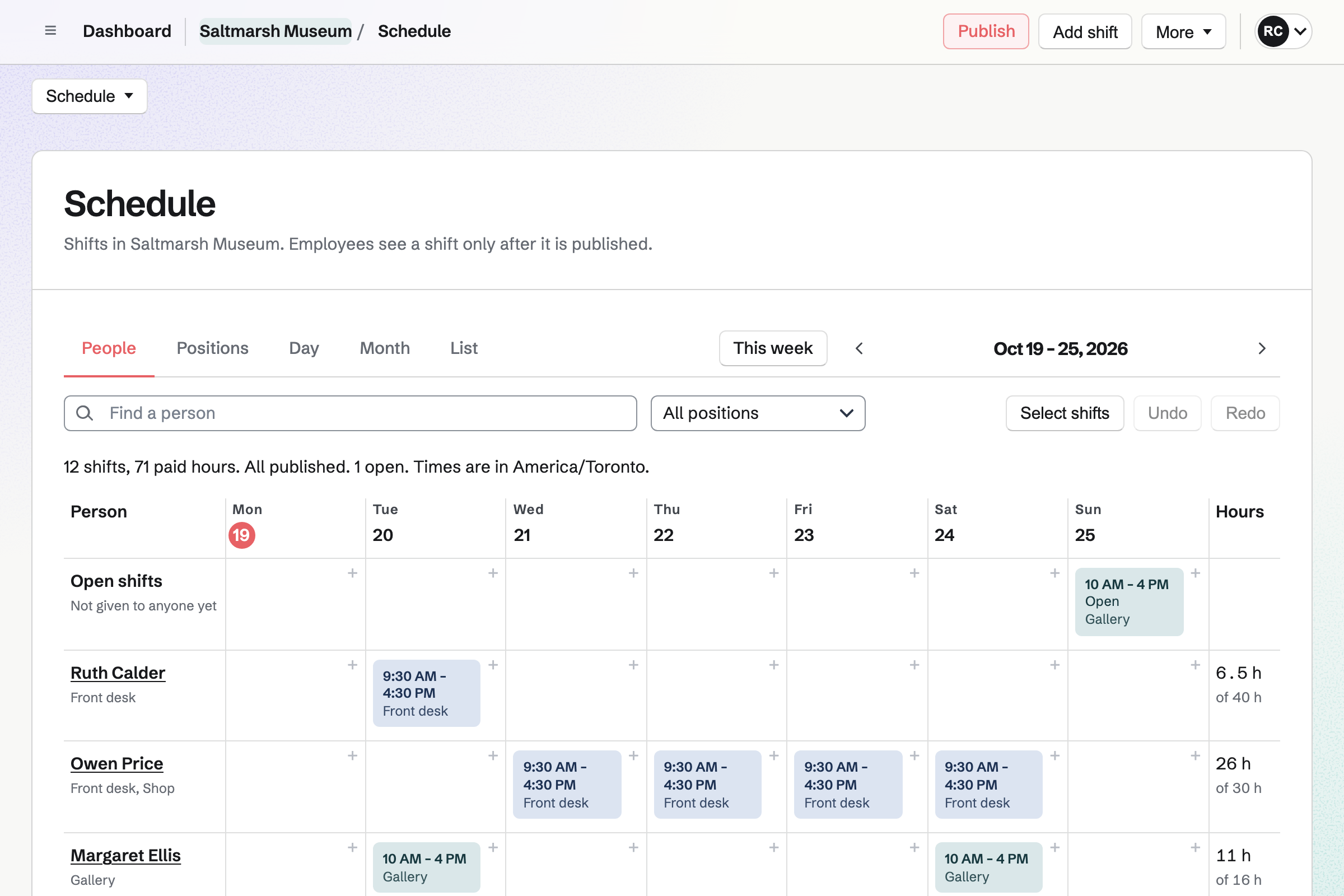 Saltmarsh Museum’s rota for the week in Staff Scheduling: front desk and gallery shifts from Tuesday to Sunday, the museum closed on Monday, and an open Sunday gallery shift.