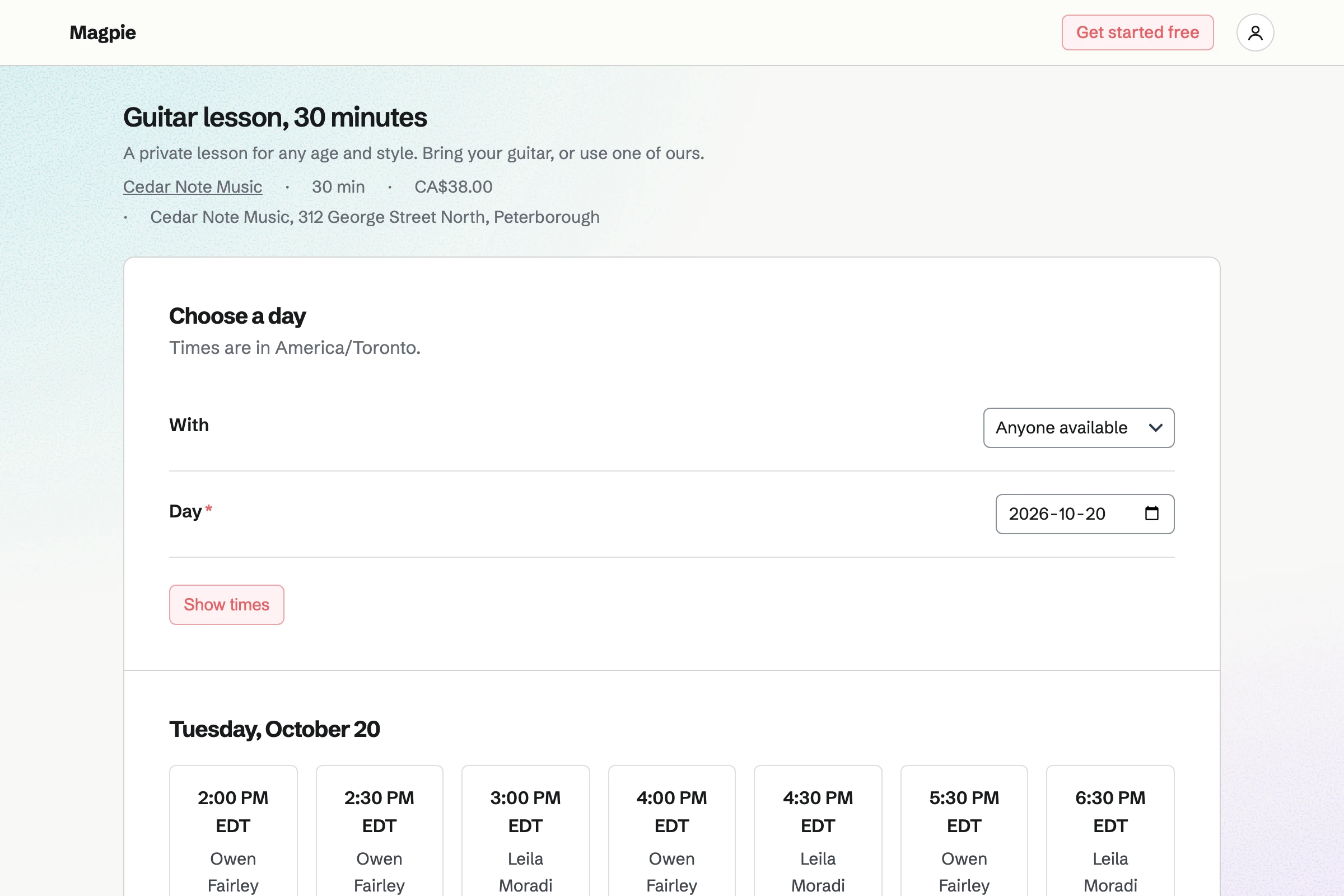 Cedar Note Music’s booking page for a 30-minute guitar lesson, with the free start times with its two guitar teachers on the chosen day.