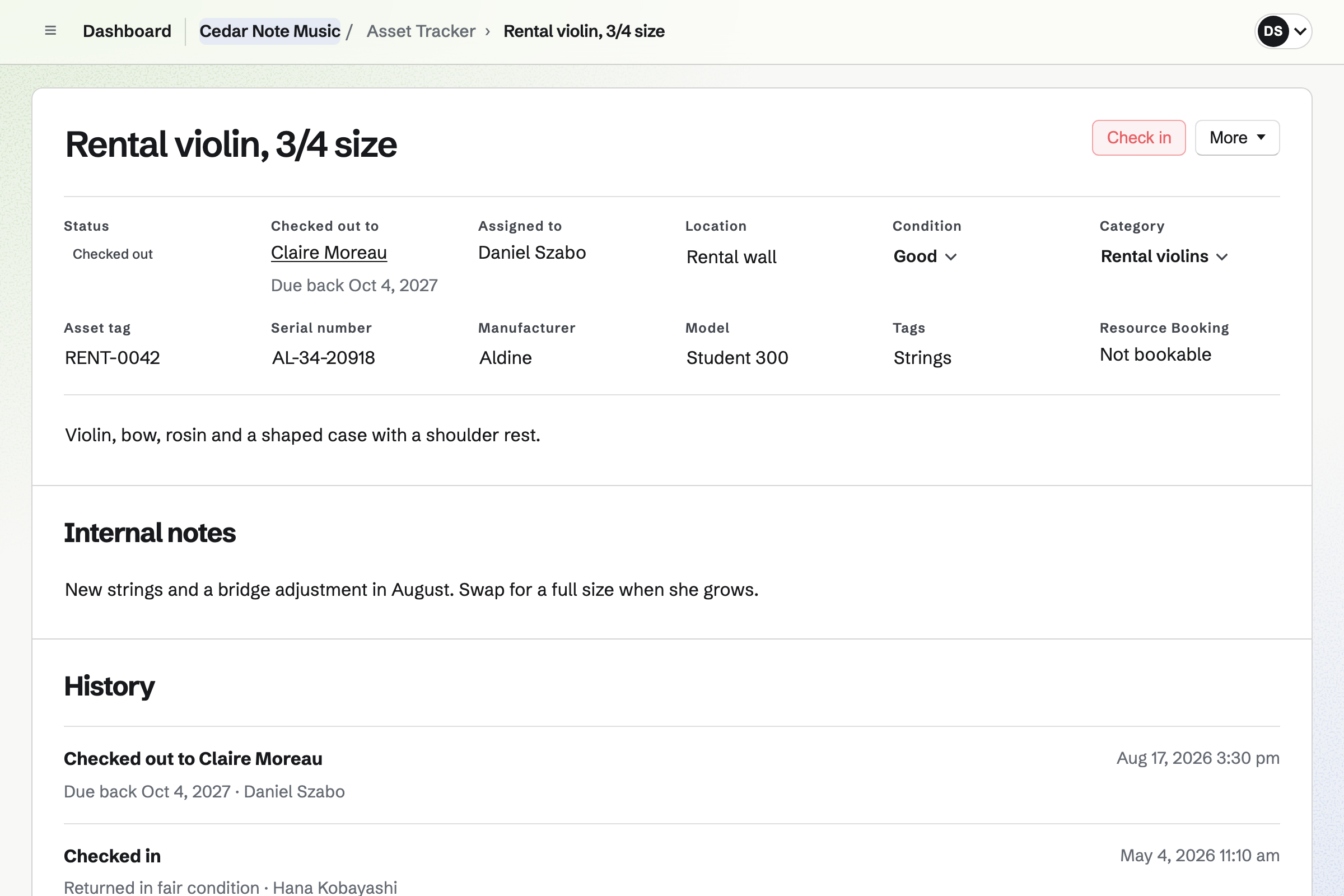 A rental violin in Cedar Note Music’s Asset Tracker, checked out to the Moreau family for the school year, with its serial number, condition and the history of earlier rentals.