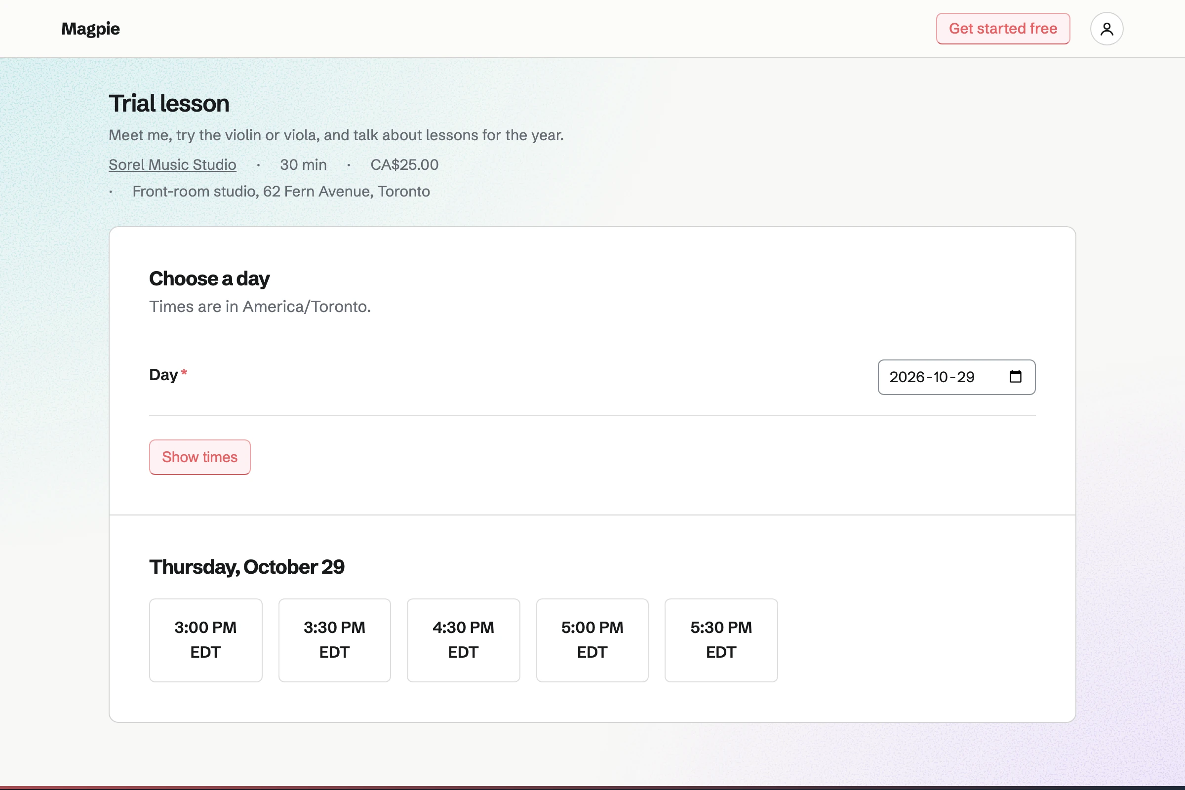 Sorel Music Studio's booking page for a 30-minute trial lesson in Ana Sorel's front-room studio on Fern Avenue, with her free times on a weekday afternoon.