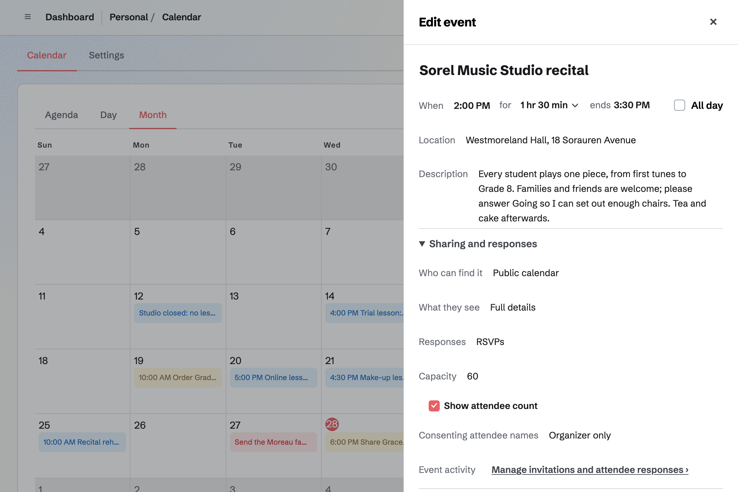 Ana Sorel's calendar for October with the studio recital open: a Saturday afternoon at Westmoreland Hall, on her public calendar with full details, taking RSVPs up to 60 and showing how many are coming.