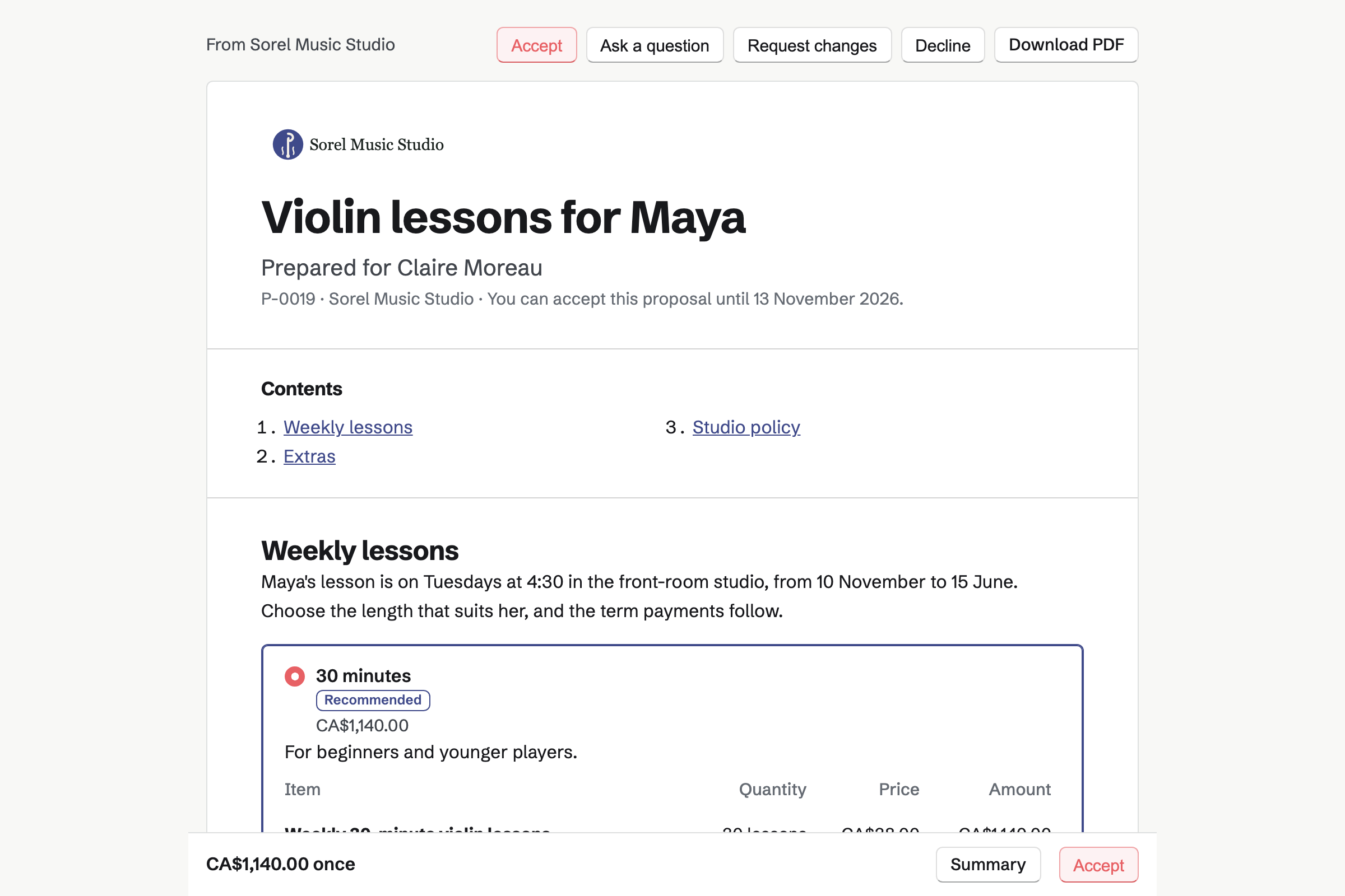 The Moreau family's proposal from Sorel Music Studio for Maya's violin lessons, 10 November to 15 June: 30, 45 and 60-minute lessons as packages, two optional extras and the studio policy.