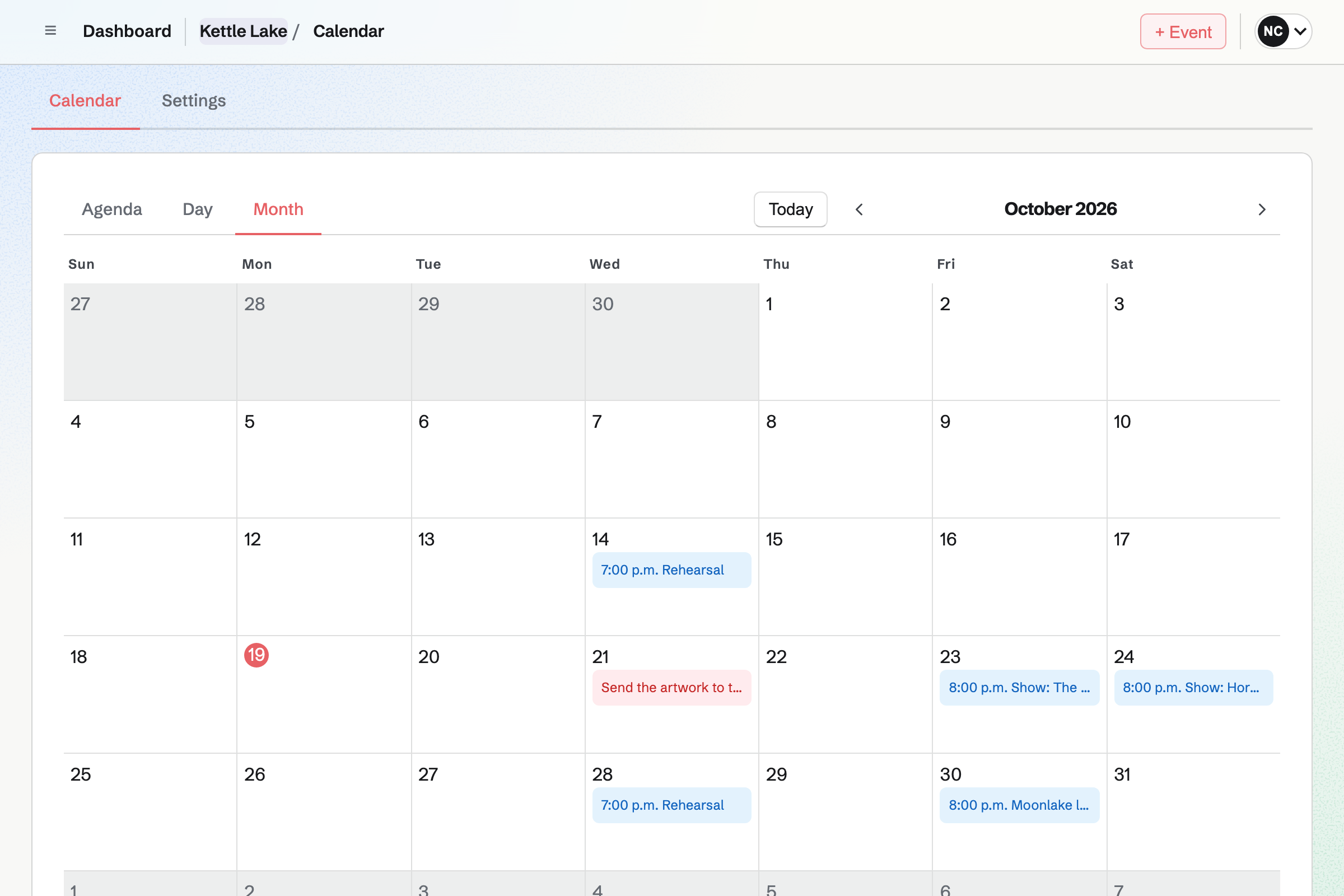Kettle Lake’s team calendar for the month: the launch show, tour dates and rehearsals, with the pressing deadline.