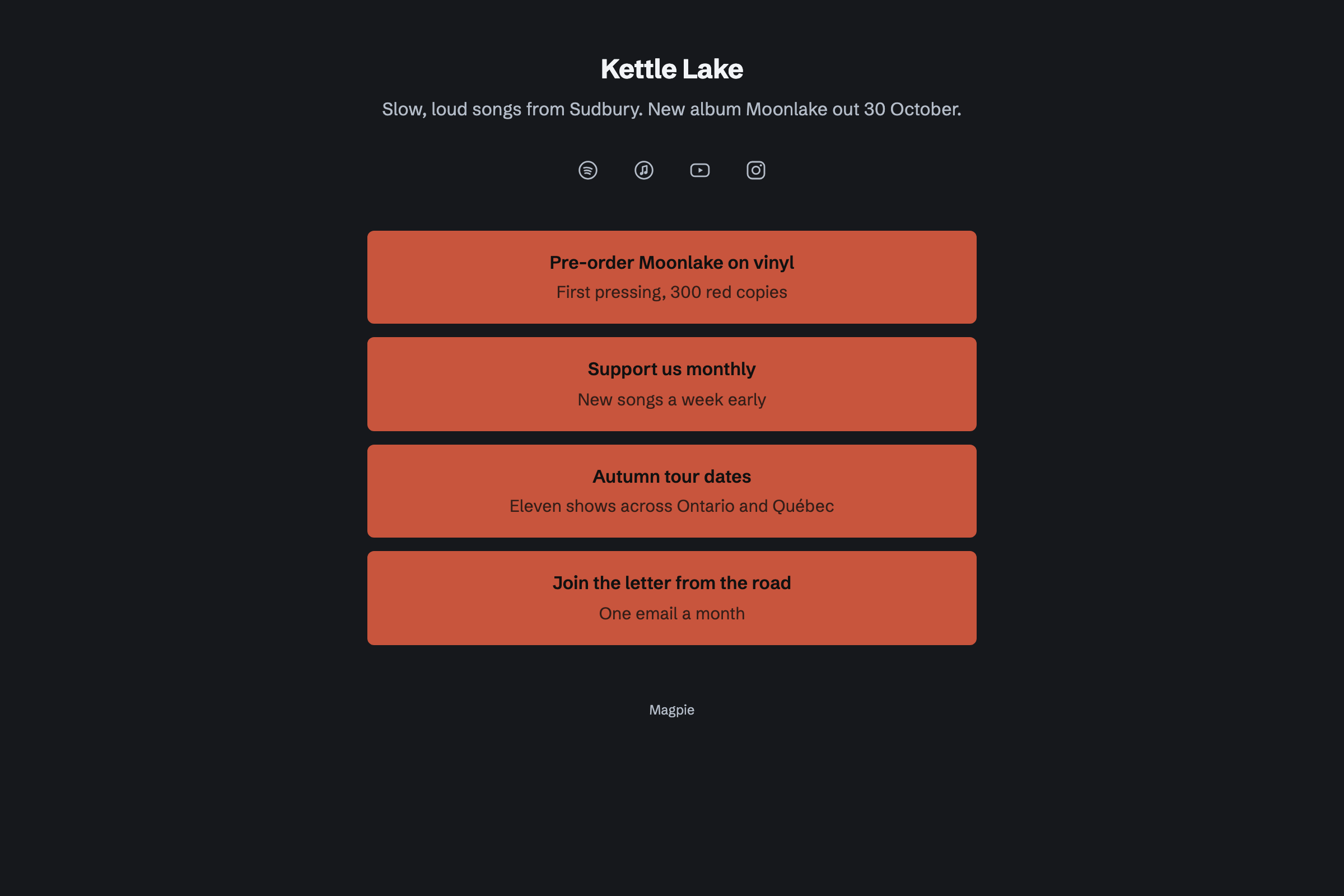 Kettle Lake’s Link-In-Bio List page: the band’s name and line, links to pre-order the vinyl, the supporters page and the tour dates, and icons for Spotify, Apple Music, YouTube and Instagram.