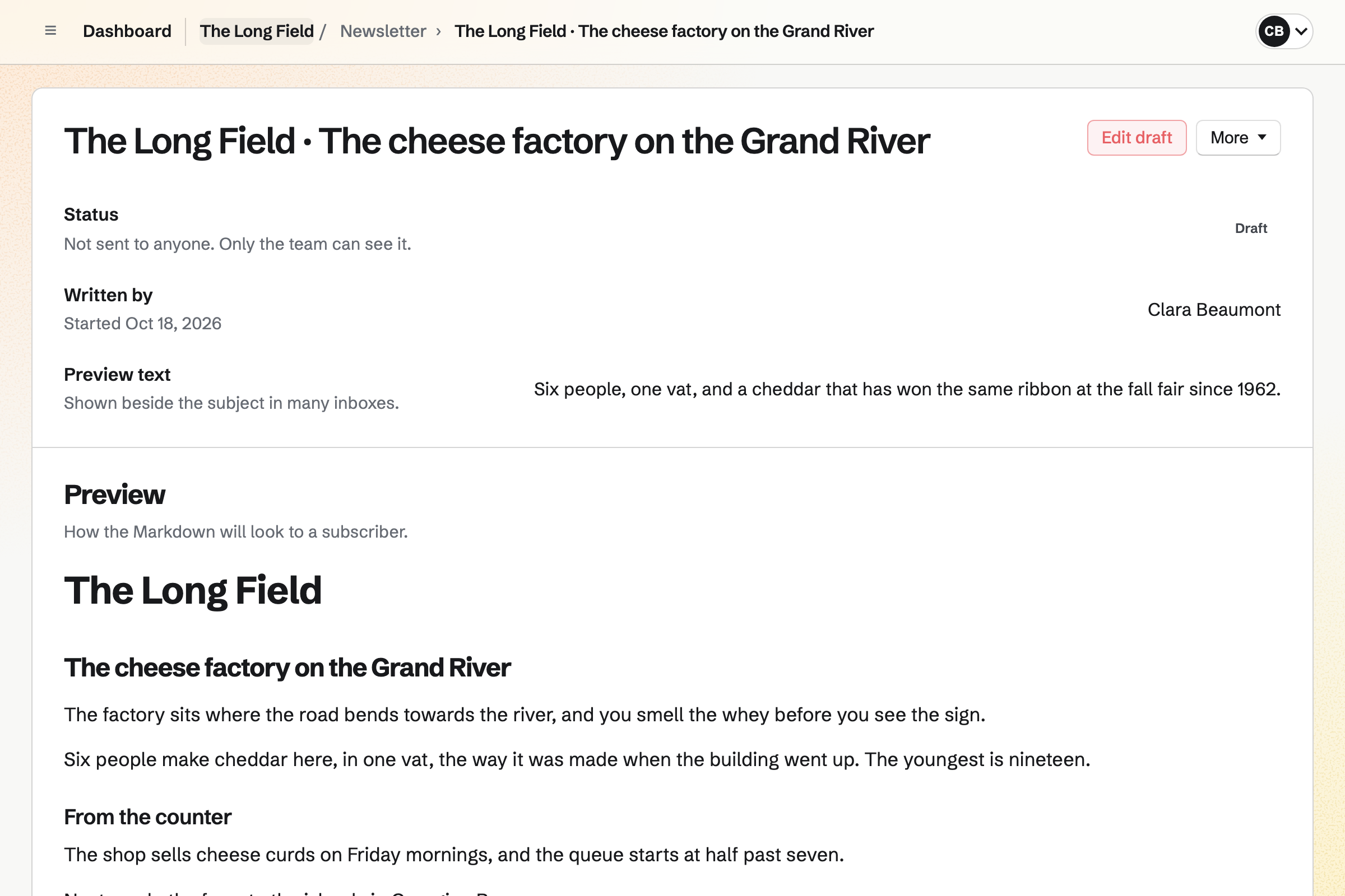 Next week’s issue of The Long Field, still a draft, as a subscriber will see it: a cheese factory on the Grand River, with who started it and its preview text.