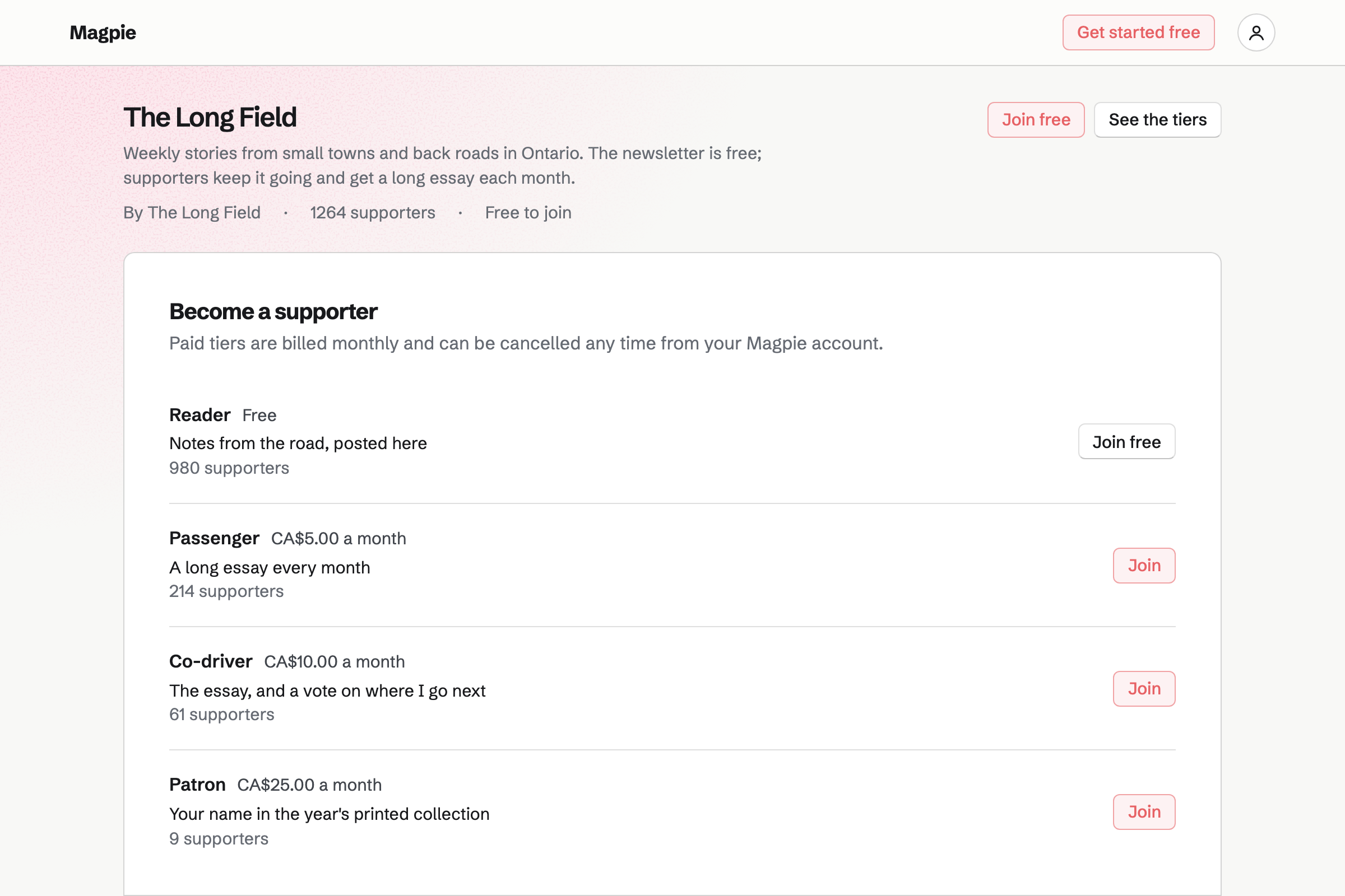 The Long Field’s supporters page: a free tier and three monthly tiers with their benefits and supporter counts, and posts for supporters such as a long essay and a reader poll.