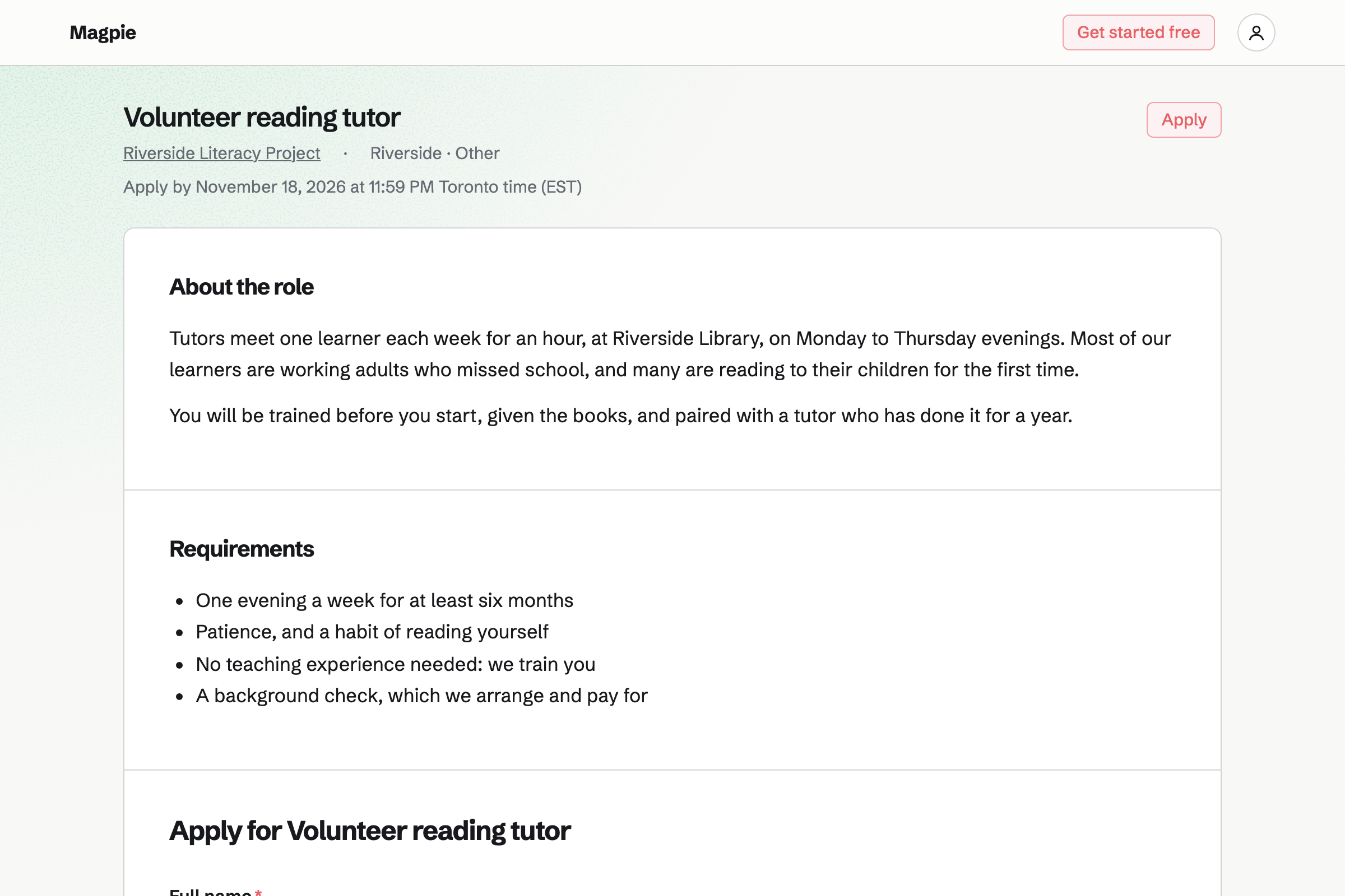 Riverside Literacy Project’s job page for a volunteer reading tutor: the role’s facts, the closing date and Apply, then what tutors do and what they need.