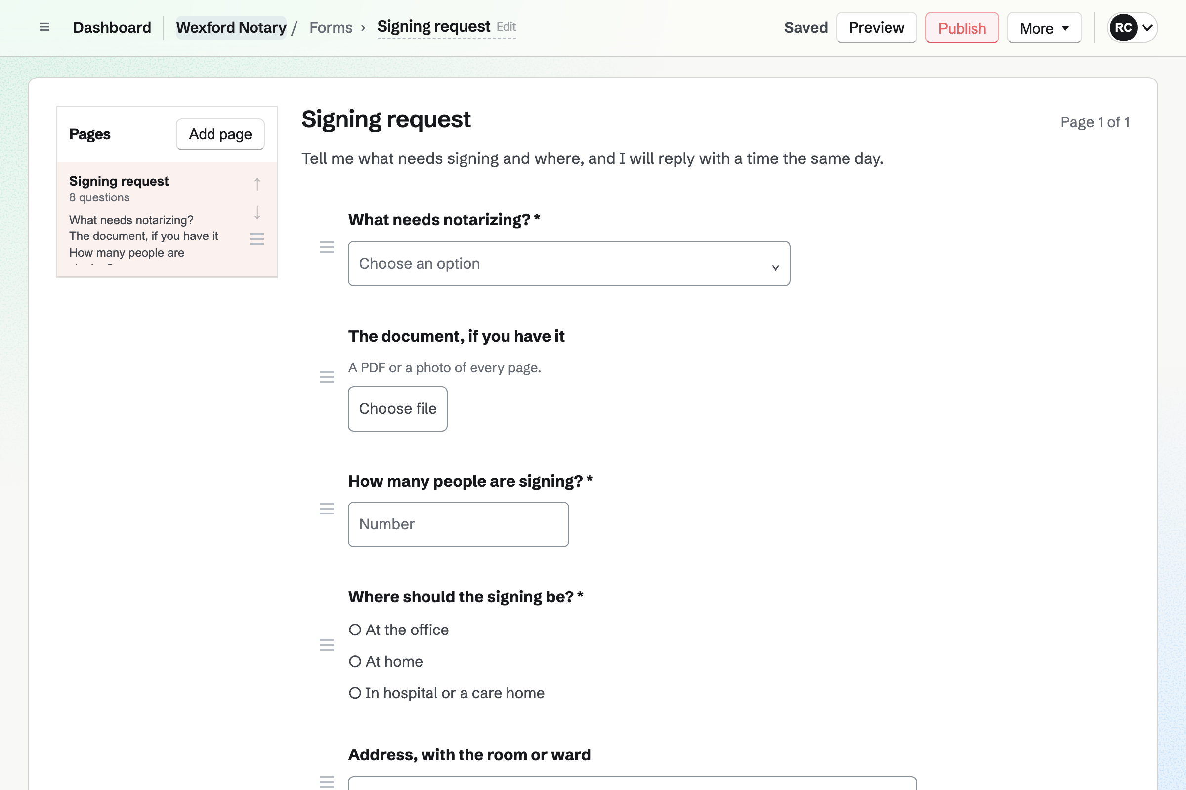 Wexford Notary’s signing request in the Form builder: what needs notarizing, the document as a file, how many people are signing, where the signing should be and the address, then the signer’s details and the ID each signer brings.