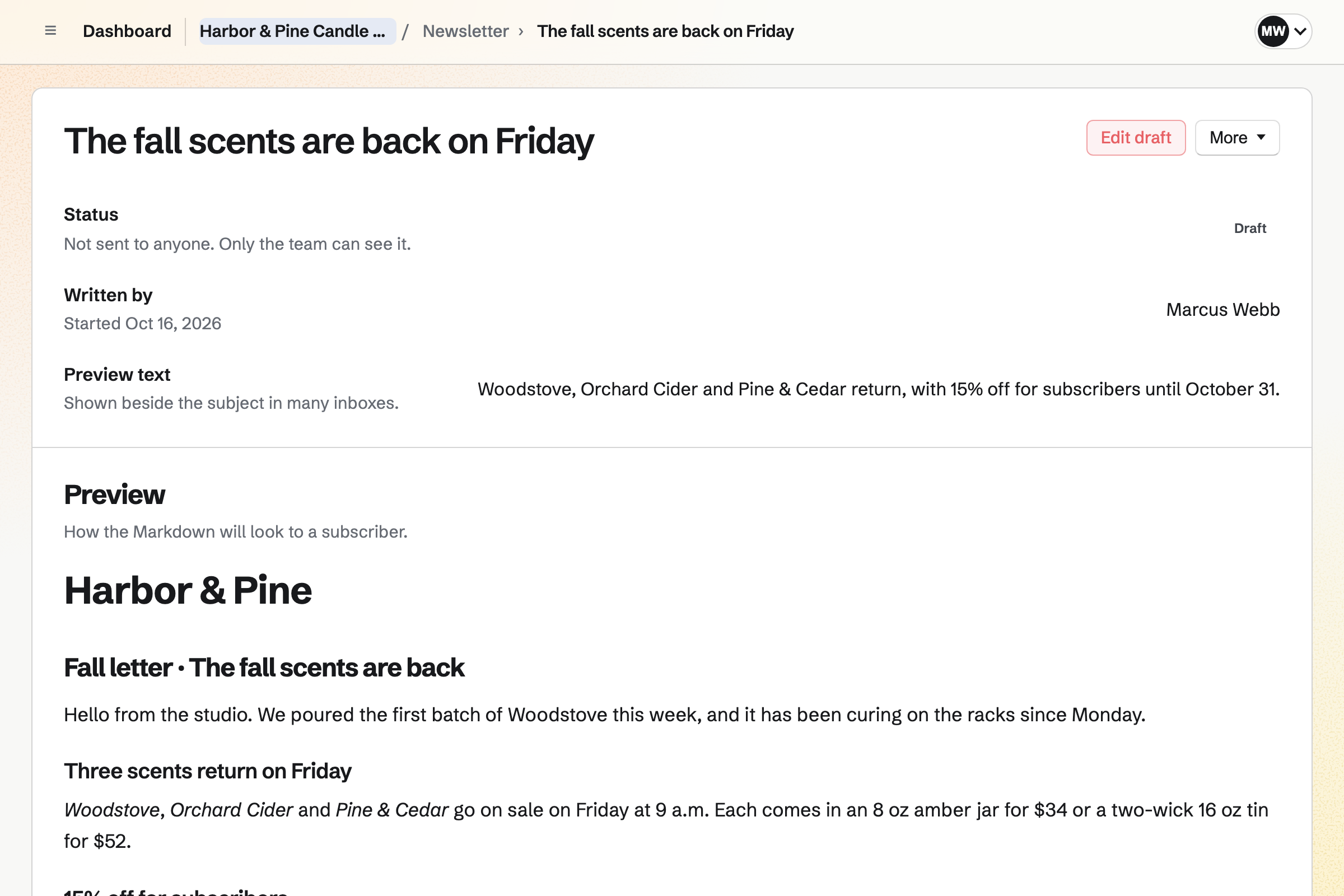 A draft Newsletter email from Harbor & Pine Candle Co., The fall scents are back on Friday, started by Marcus Webb, with its preview text and the email as subscribers will see it: three fall scents returning on Friday and their prices.