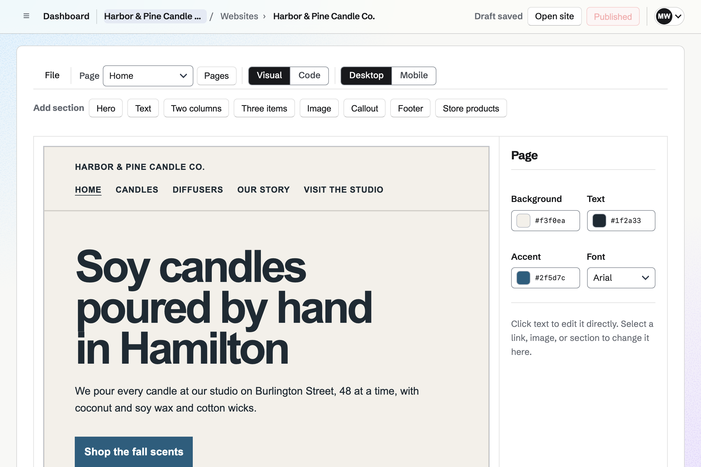 Harbor & Pine Candle Co.’s website open in the editor in Visual mode: the Home page, with links to Candles, Diffusers, Our story and Visit the studio and a hero reading Soy candles poured by hand in Hamilton, below the Add section buttons, Store products among them.