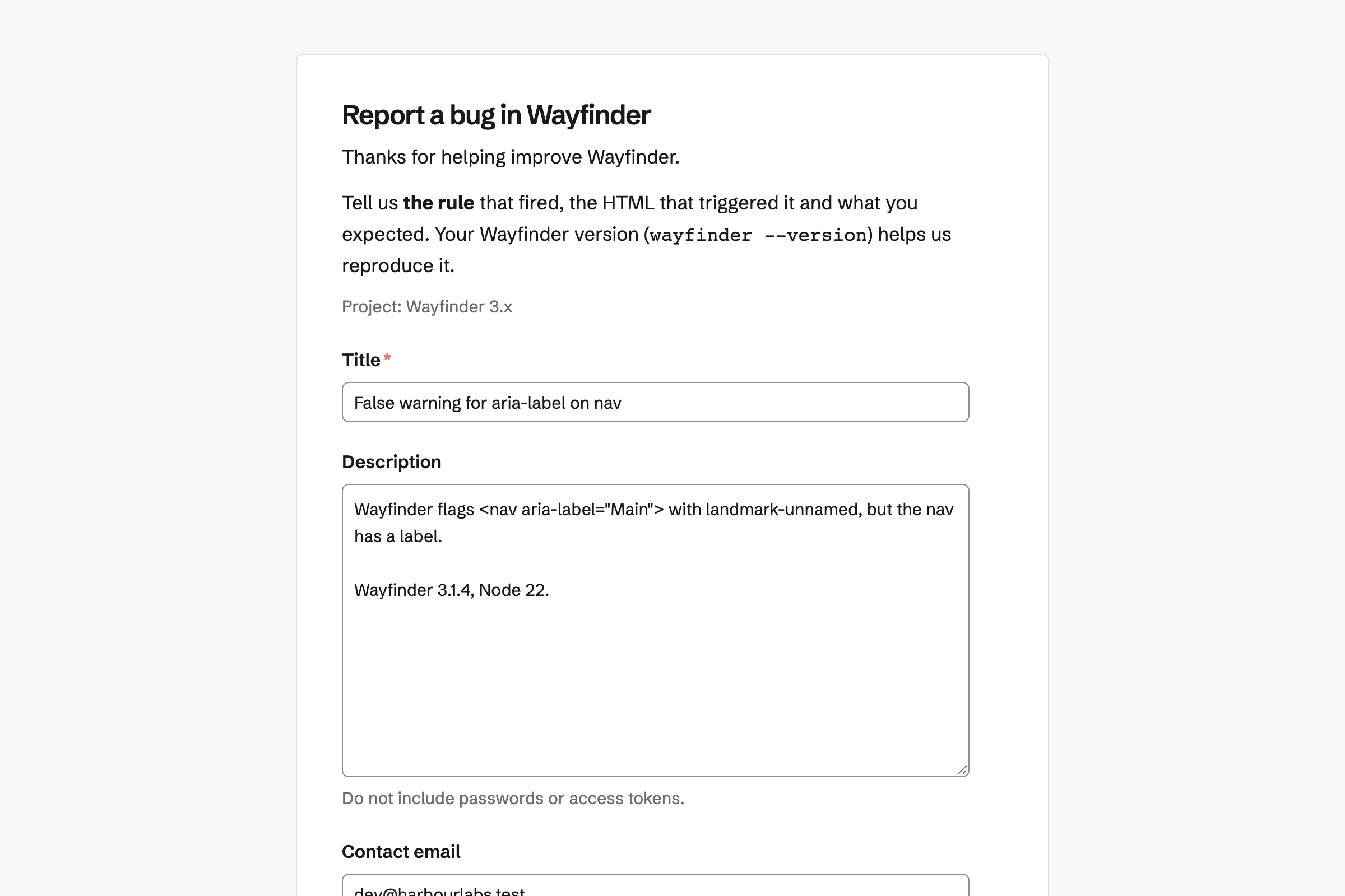 The Wayfinder project’s public bug form, with its instructions and a filled-in report about a false warning on a nav element, sent to the Wayfinder 3.x project.