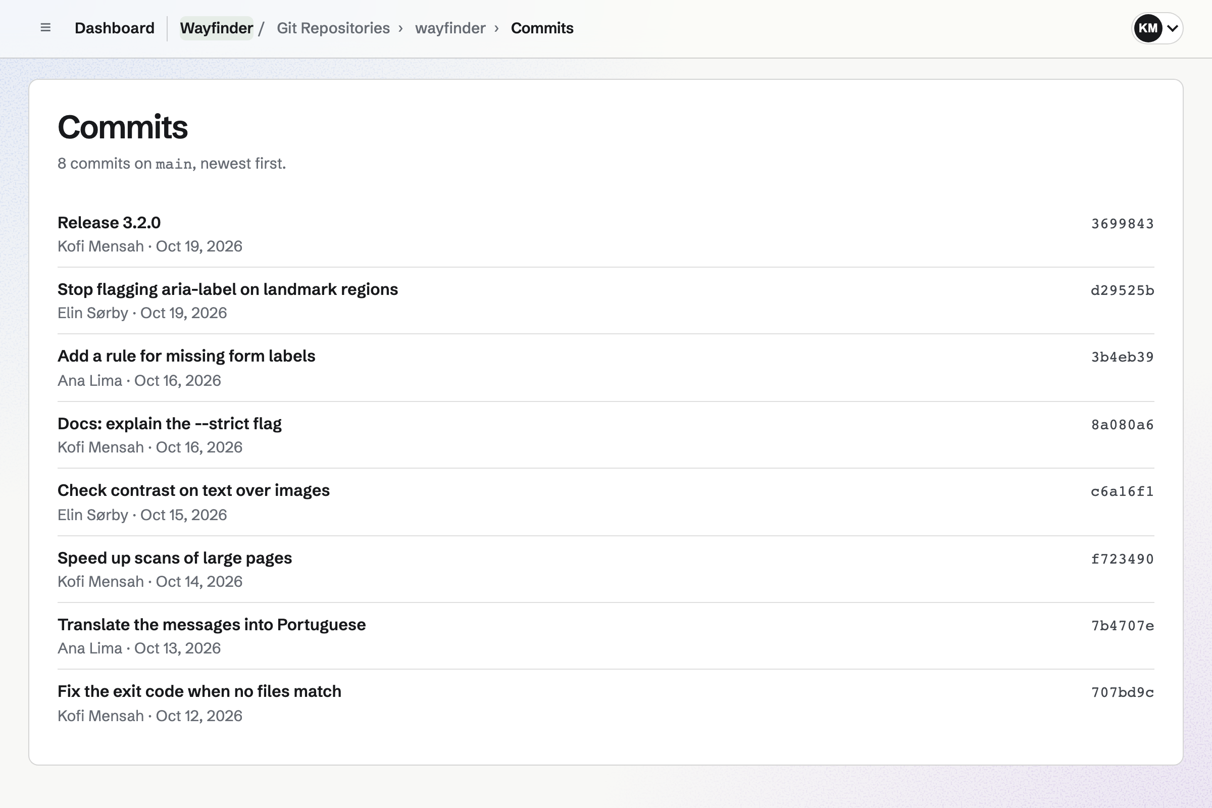 The history of the Wayfinder project’s wayfinder repository: commits on main from its maintainers and contributors, newest first, each with its message, author, date and short ID.