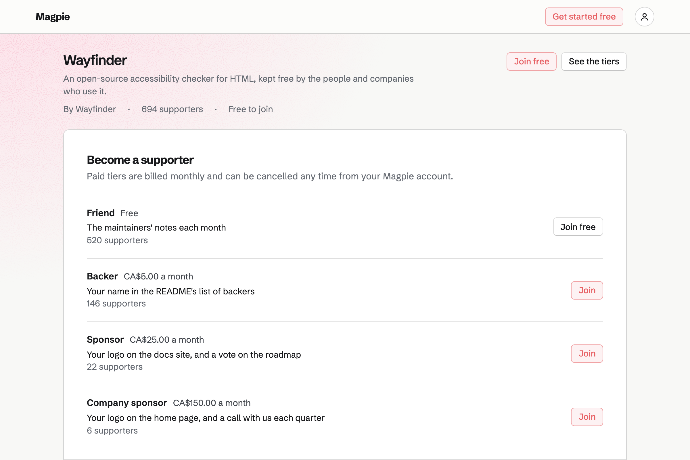 Wayfinder’s supporters page: a free tier and three monthly tiers for people and companies, with their prices, benefits and supporter counts.