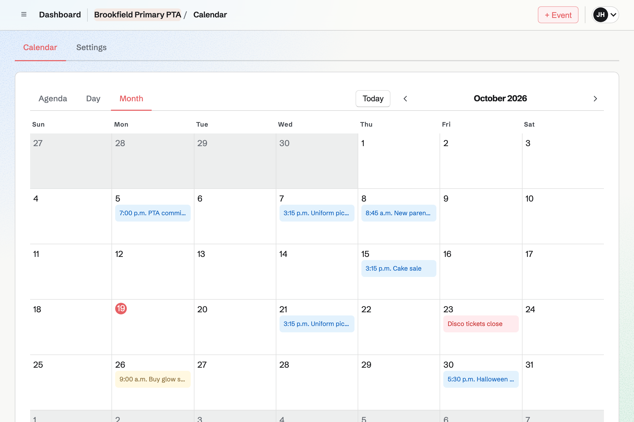Brookfield Primary PTA’s Calendar for October: a committee meeting, a coffee morning, the cake sale, the uniform pick-ups, the deadline for disco tickets and the Halloween disco.