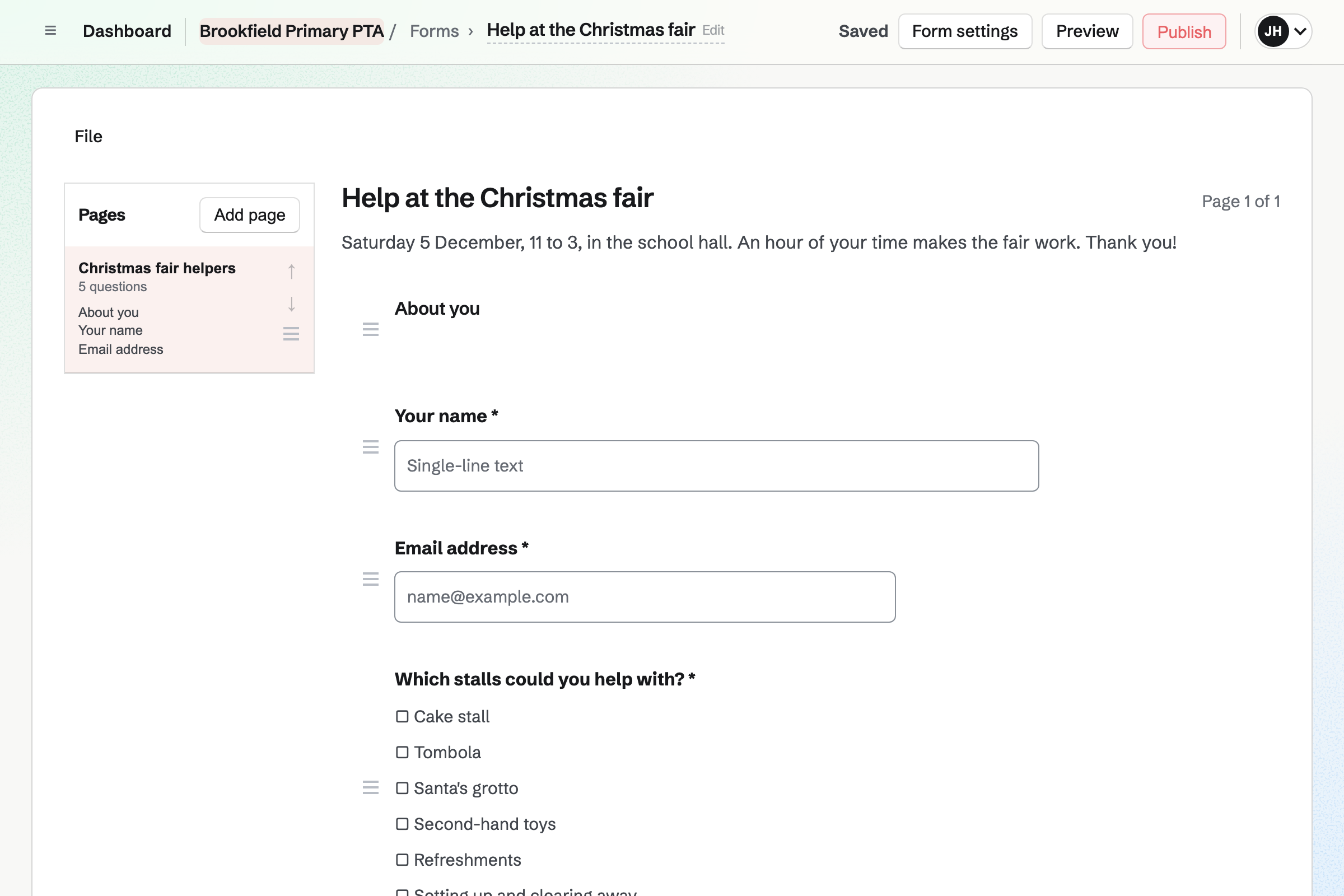 The Form builder with Brookfield Primary PTA’s Christmas fair sign-up: the fair’s date and a thank-you, then questions for a name, an email and the stalls each parent could help with.