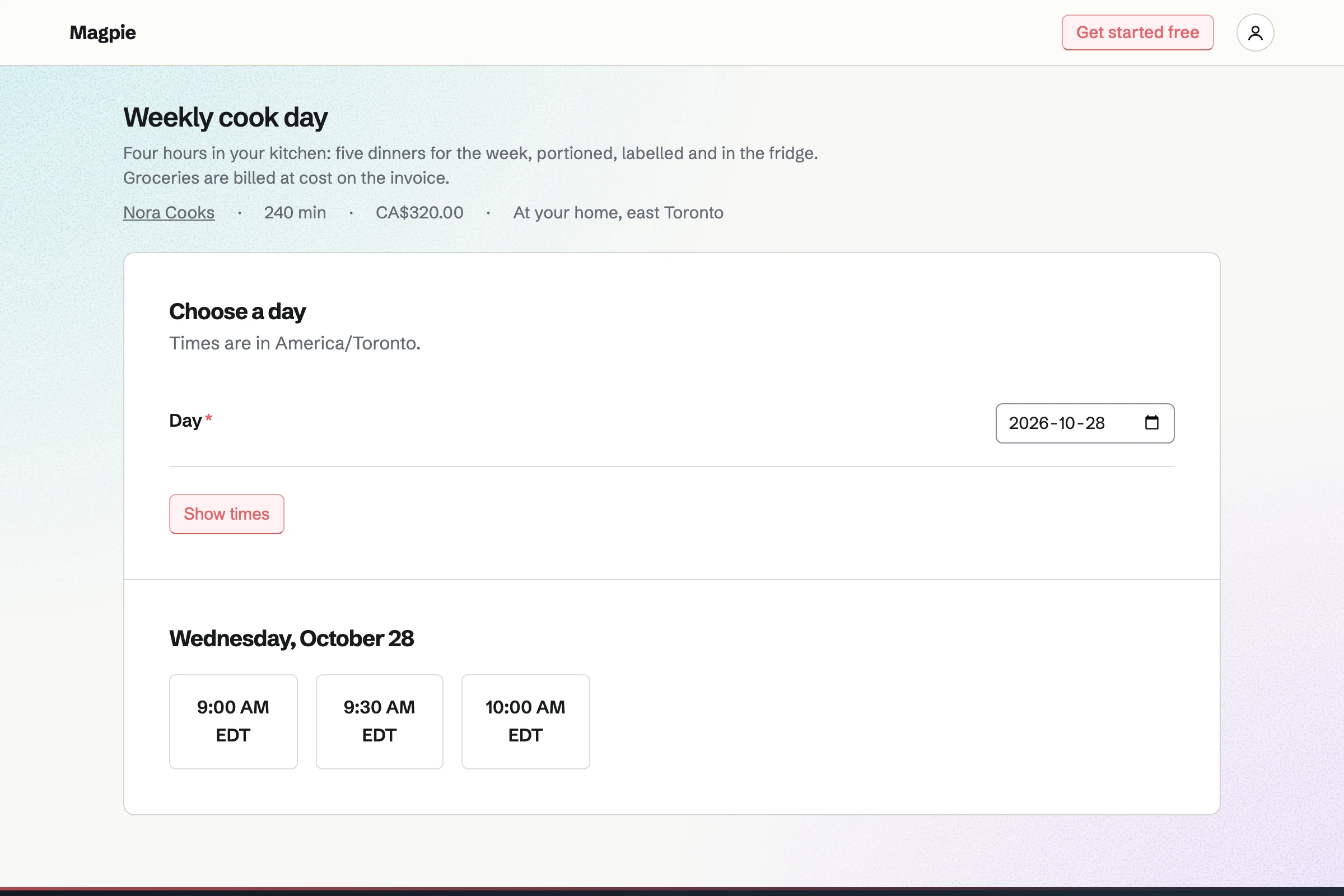 Nora Cooks’ public booking page: a weekly cook day of four hours at the client’s home, with its price, and the free days and times to book it.