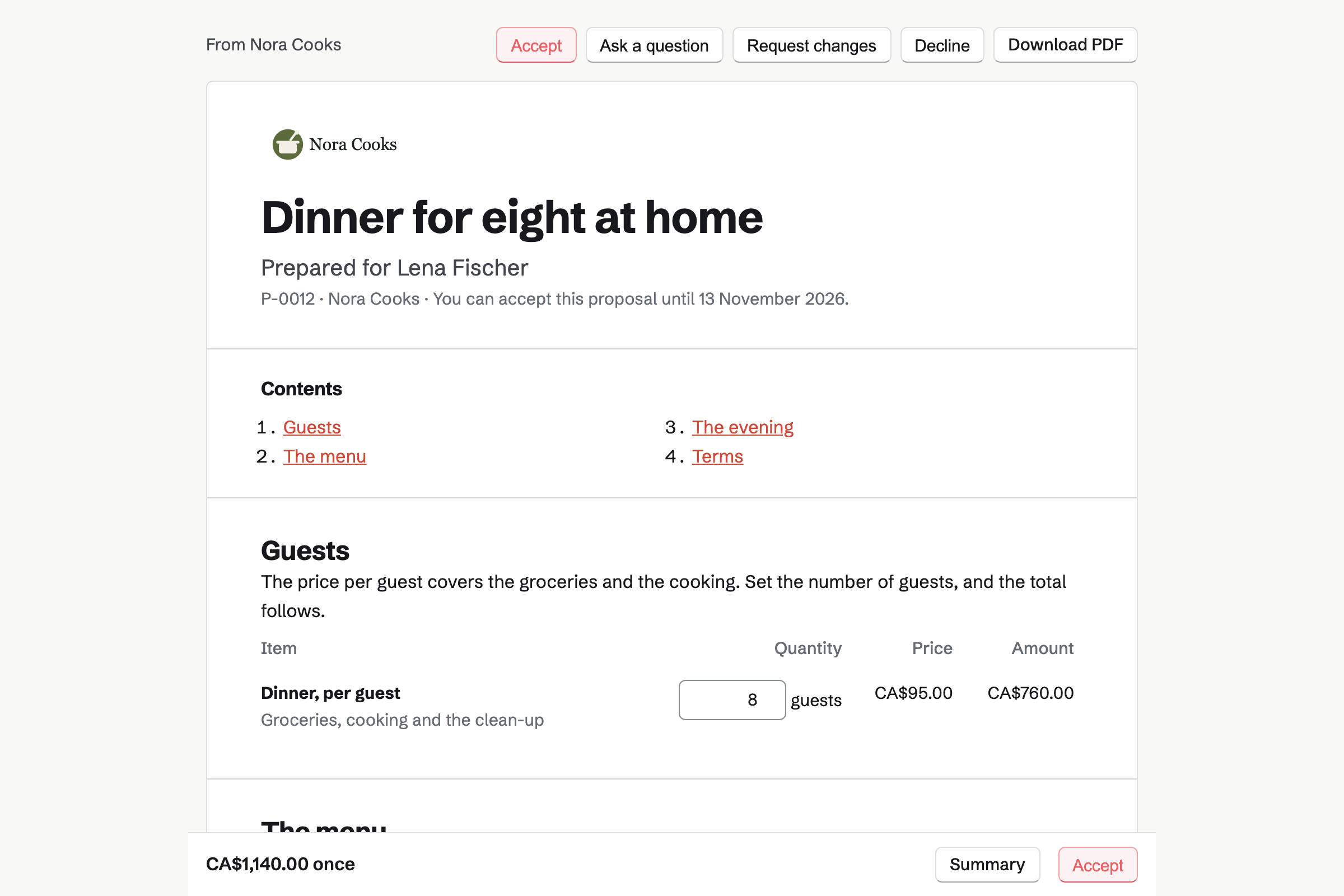 Lena Fischer’s proposal page from Nora Cooks for a dinner for eight: the cover, the number of guests to set, the three-course and five-course menus to choose from, and the total in a bar at the foot of the screen.