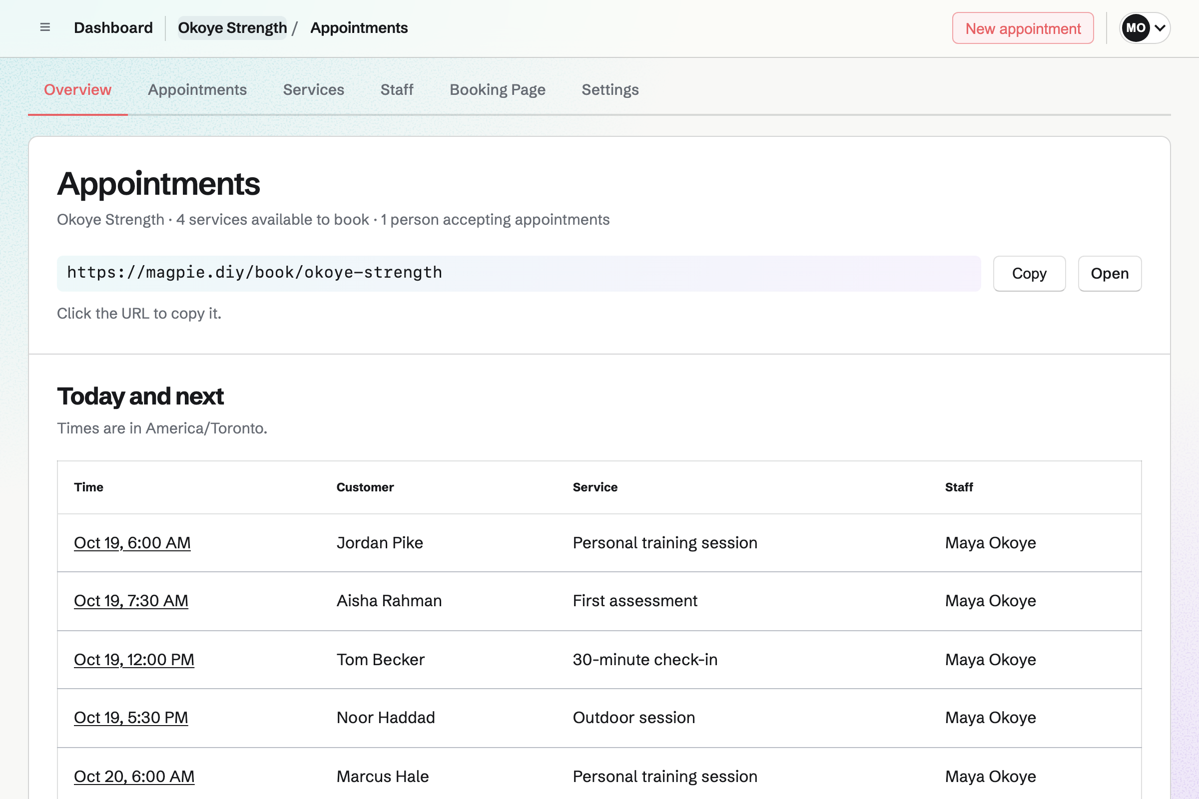 Okoye Strength’s Appointments overview: the booking page’s address, then the next sessions, each with its time, the client, the session and Maya Okoye as the trainer.