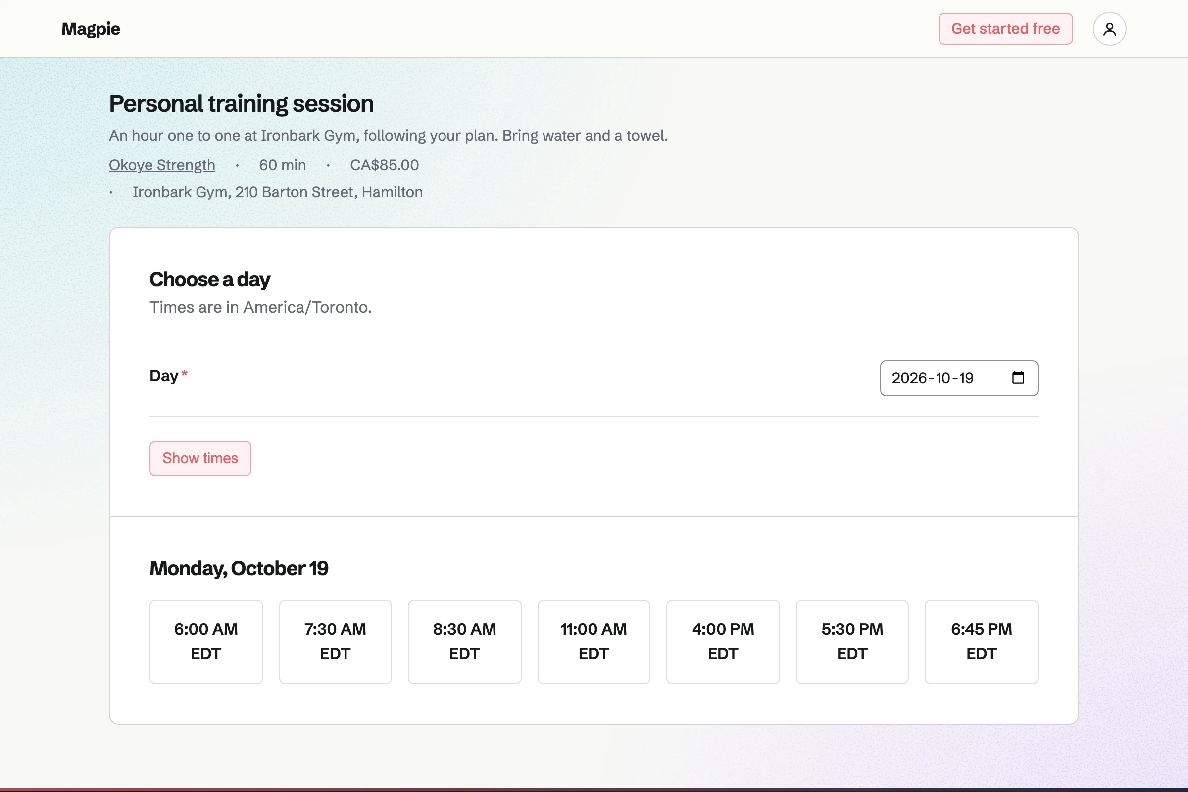 Okoye Strength’s booking page for a personal training session: an hour one to one at Ironbark Gym, its price, and the free start times on the chosen day.