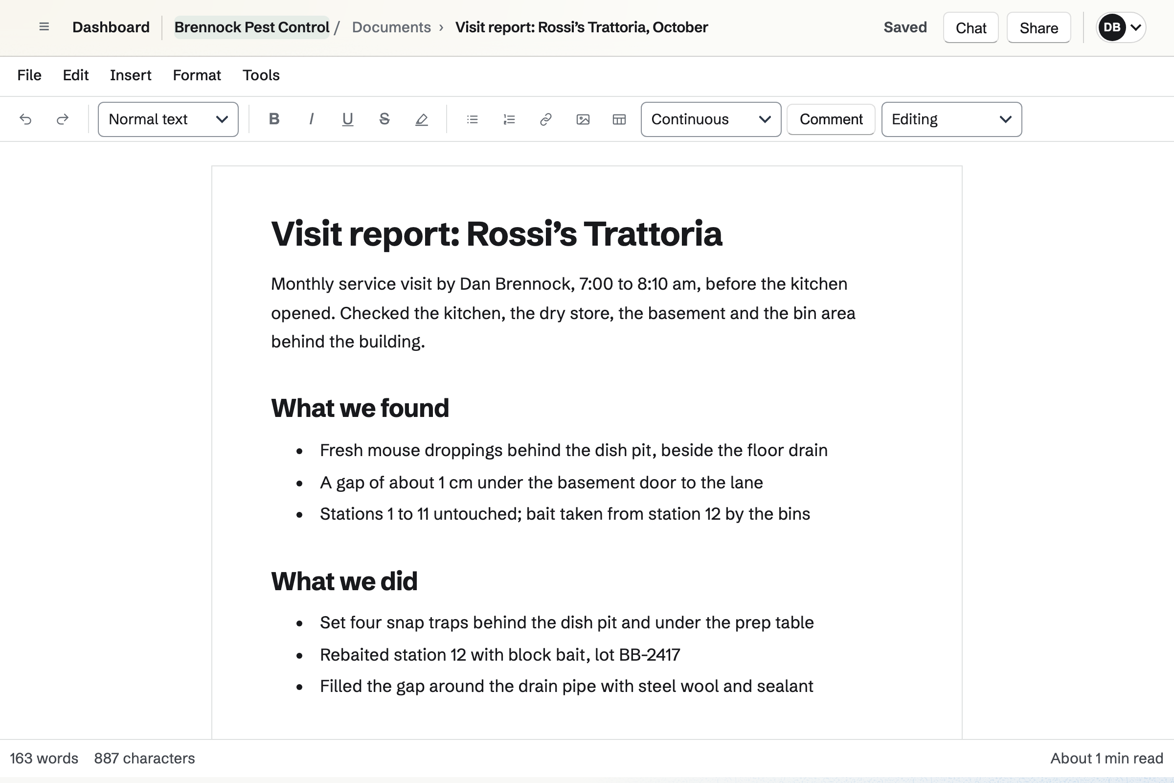 A visit report for Rossi’s Trattoria in the editor: what was found in the kitchen and the basement, the traps set and the station rebaited, what the restaurant is asked to do, and the next visit.